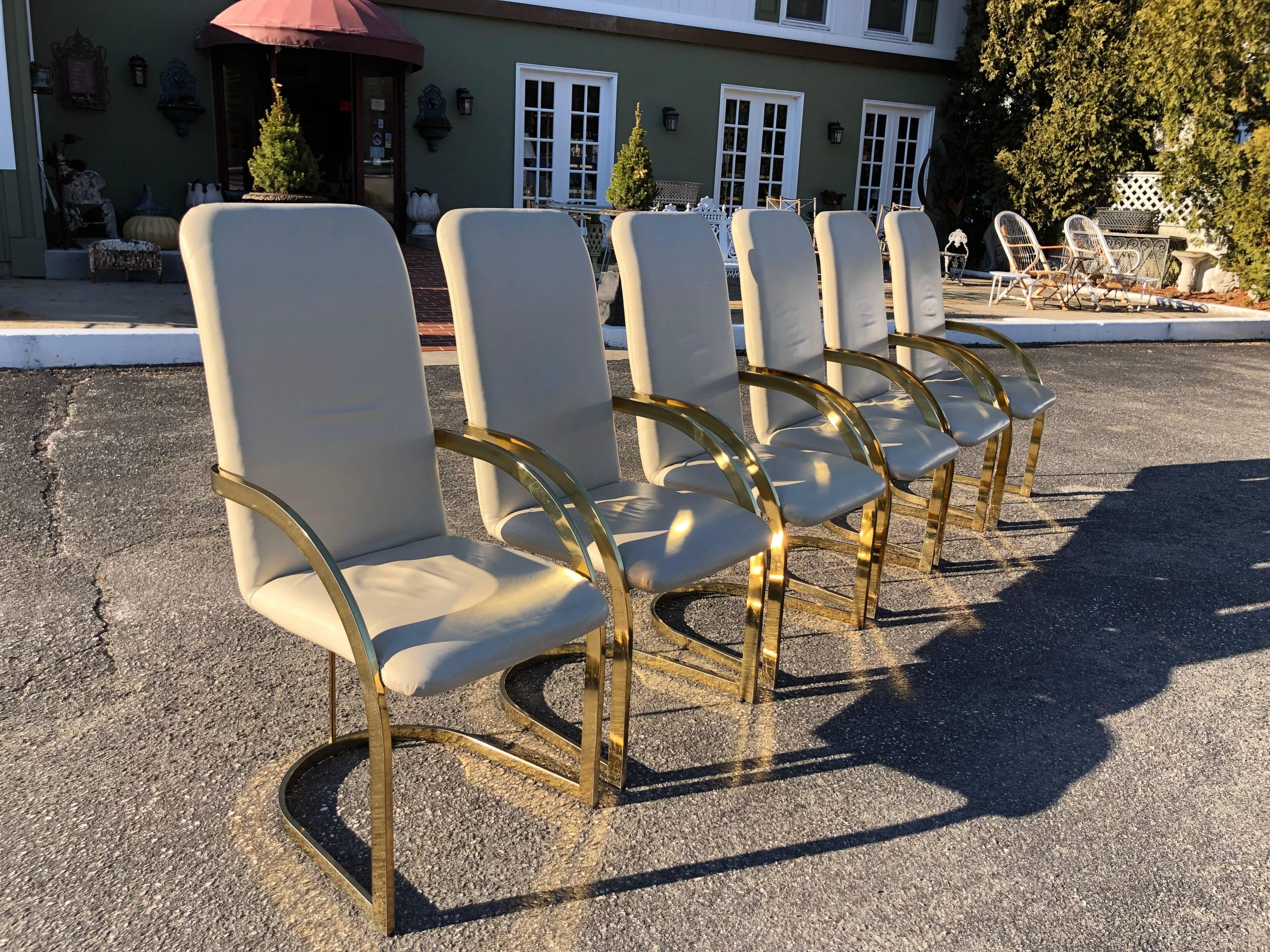 Late 20th Century Milo Baughman Style Brass and Leather, Set of Chairs