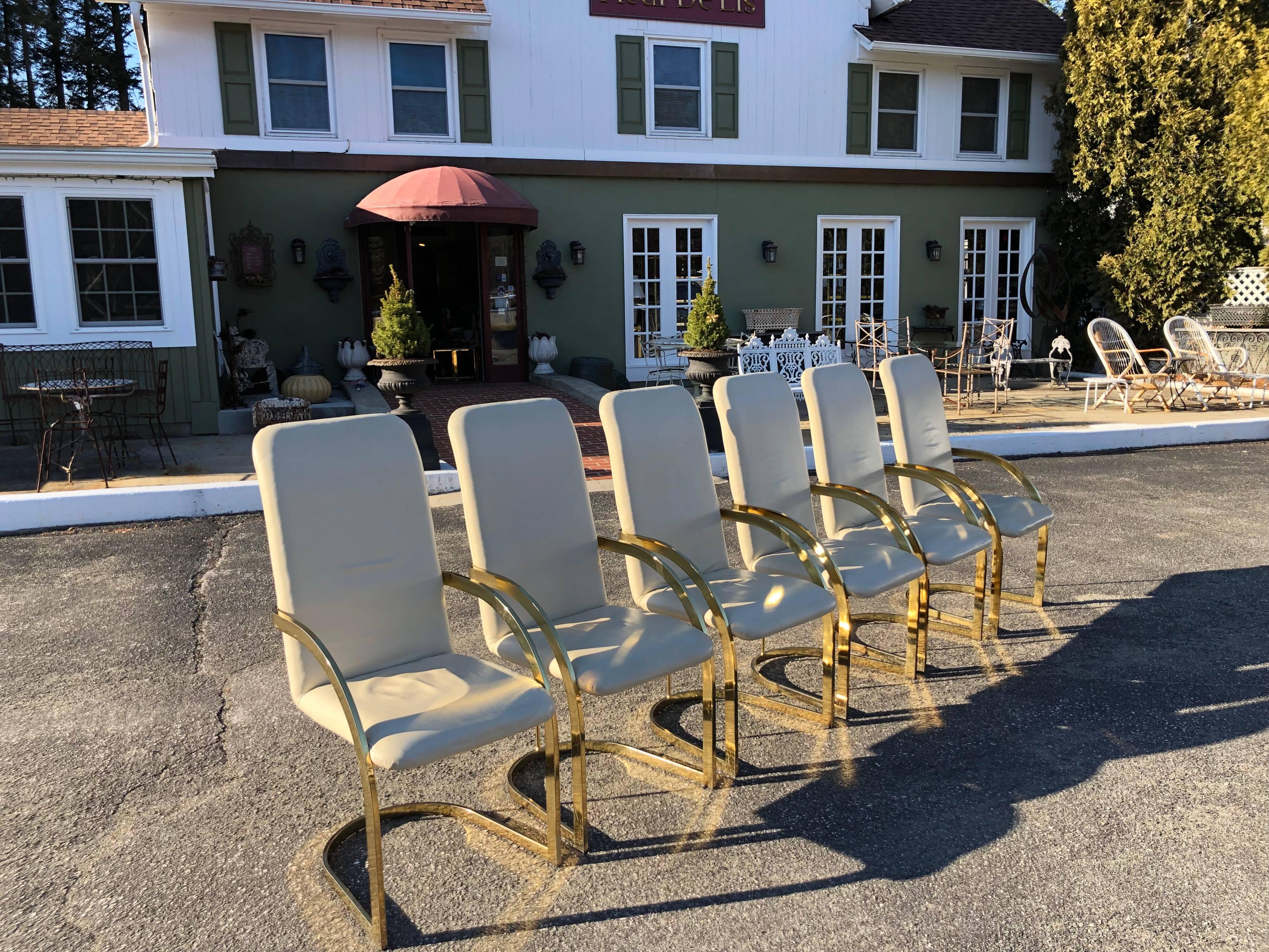 Milo Baughman Style Brass and Leather, Set of Chairs 3