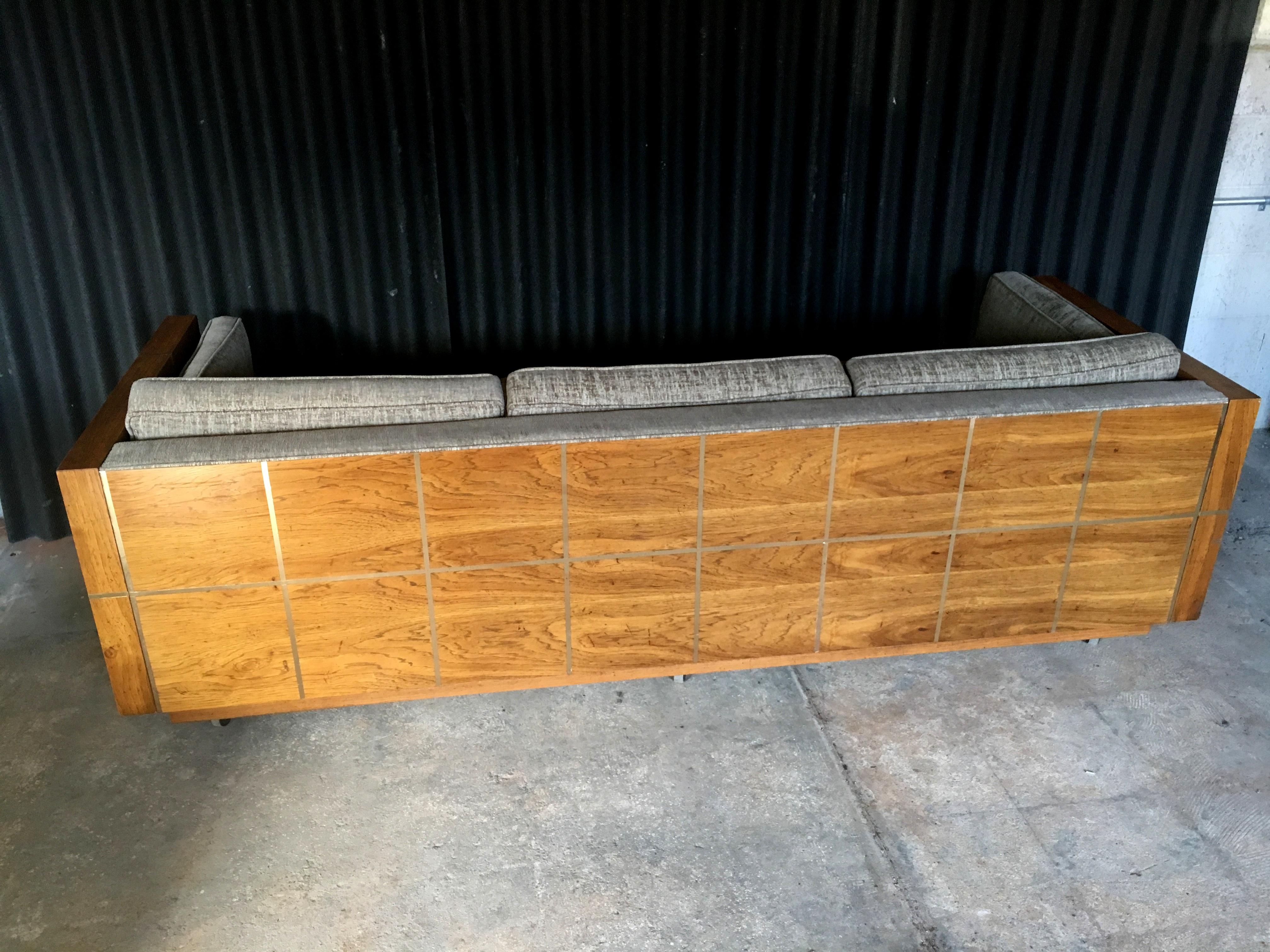 Milo Baughman Style Brass and Wood Case Sofa 4