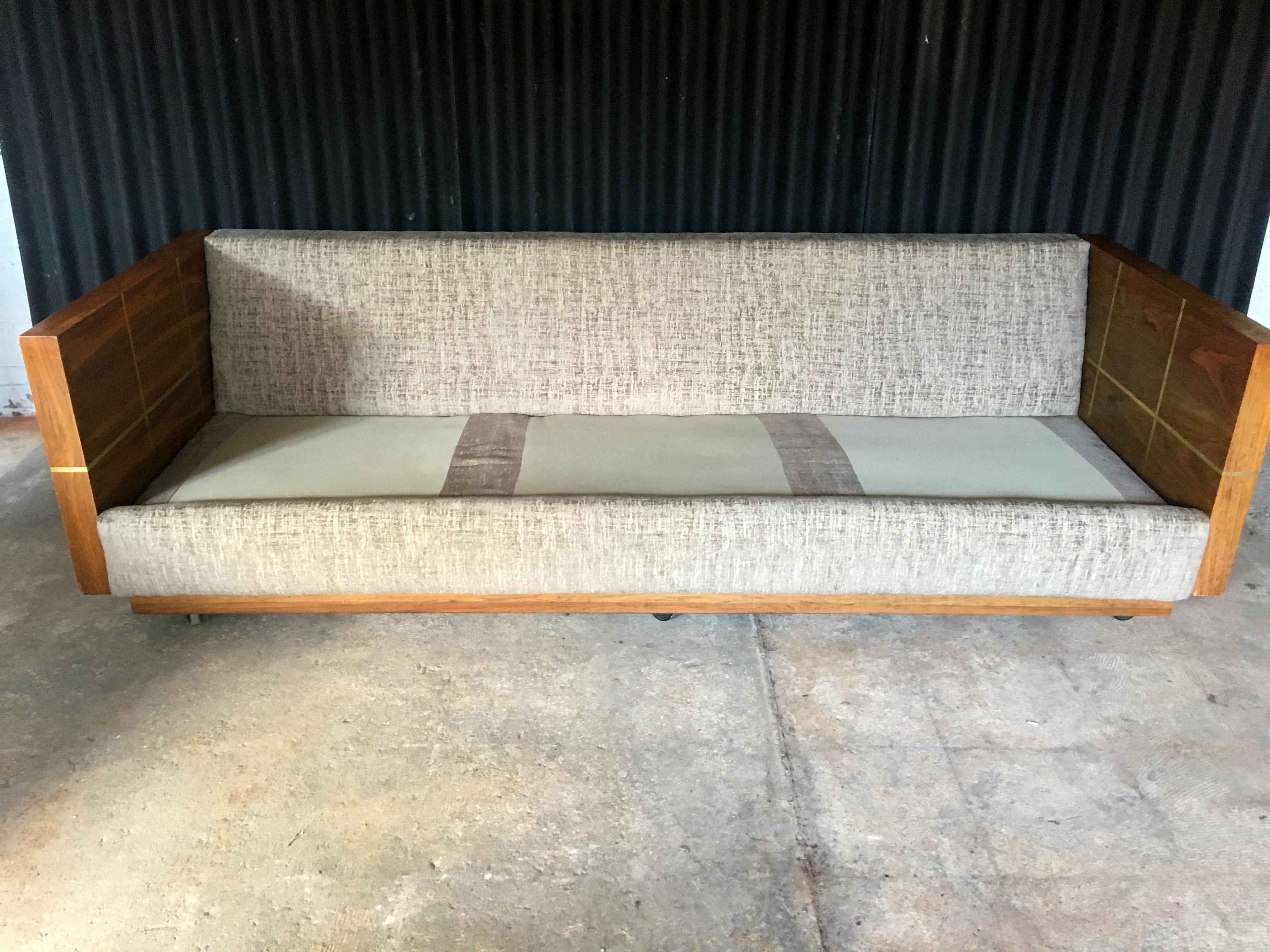 American Milo Baughman Style Brass and Wood Case Sofa