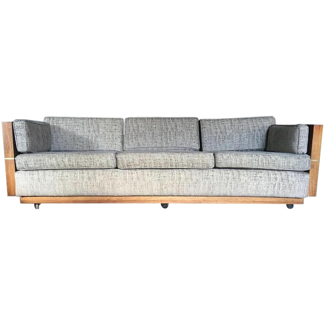 Milo Baughman Style Brass and Wood Case Sofa