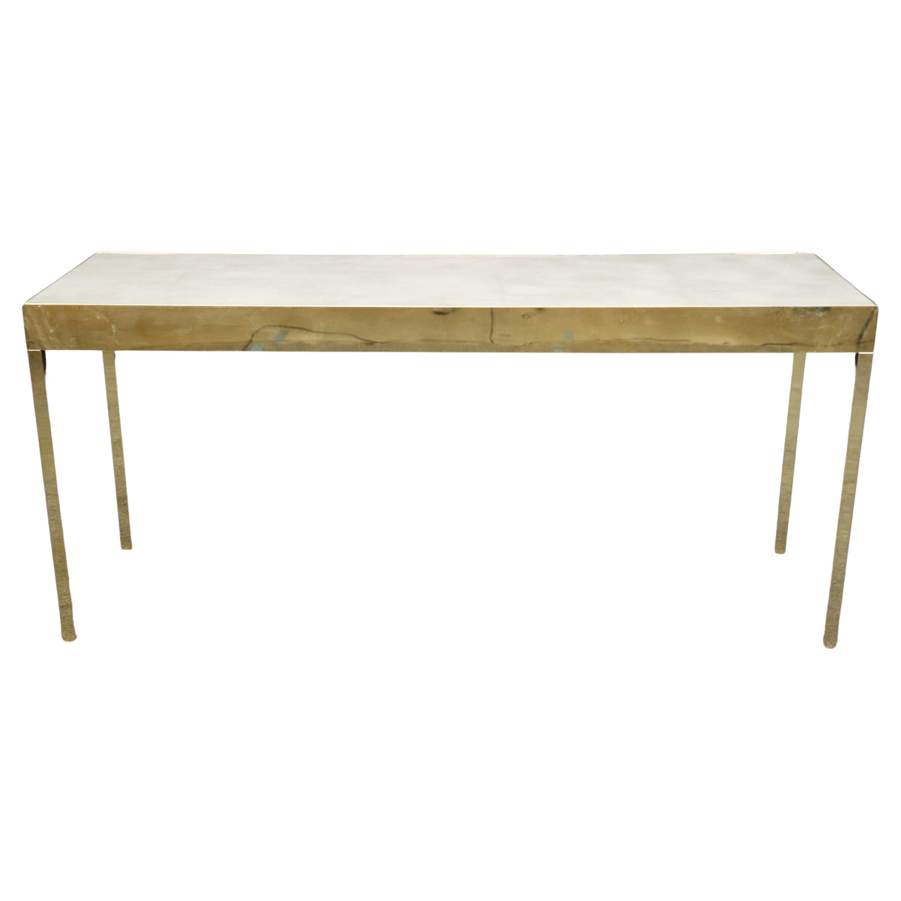 Milo Baughman Style Brass Flashed Faux Leather Console Table 2/2 For Sale