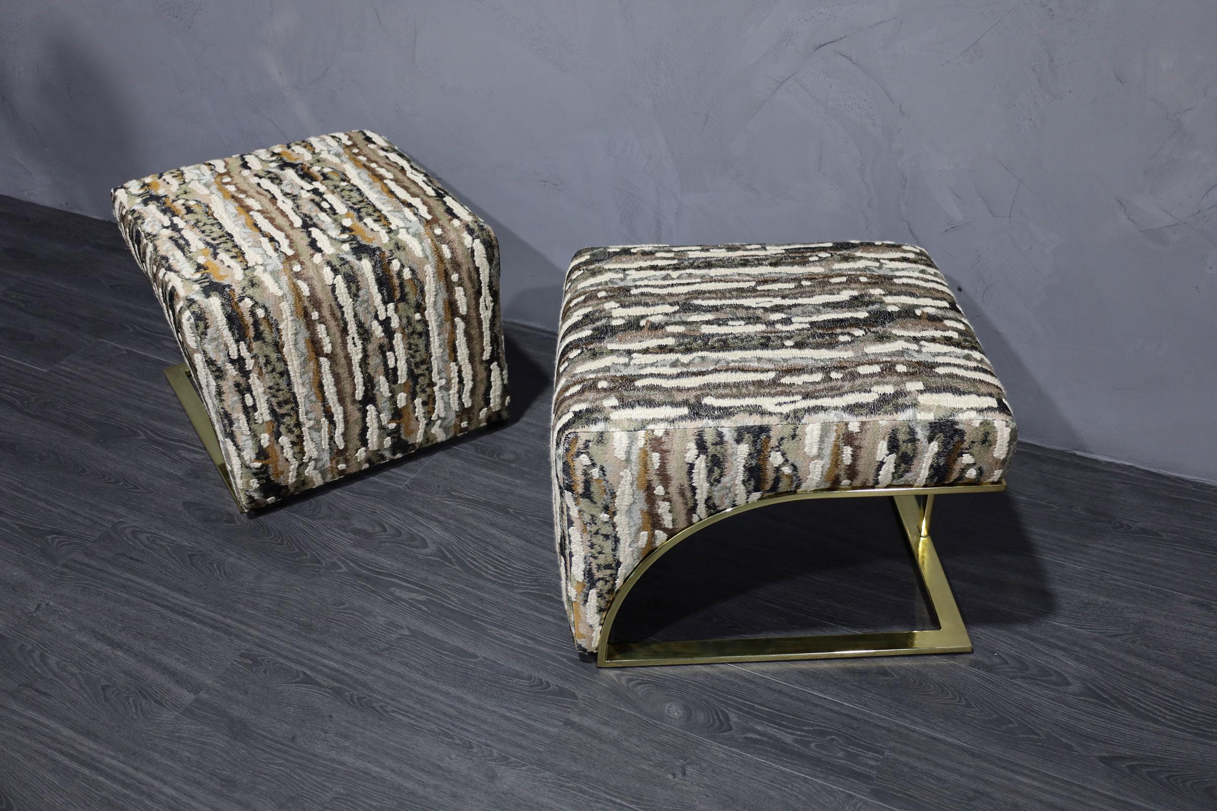 Mid-Century Modern Milo Baughman Style Brass Frame Benches in Donghia Upholstery