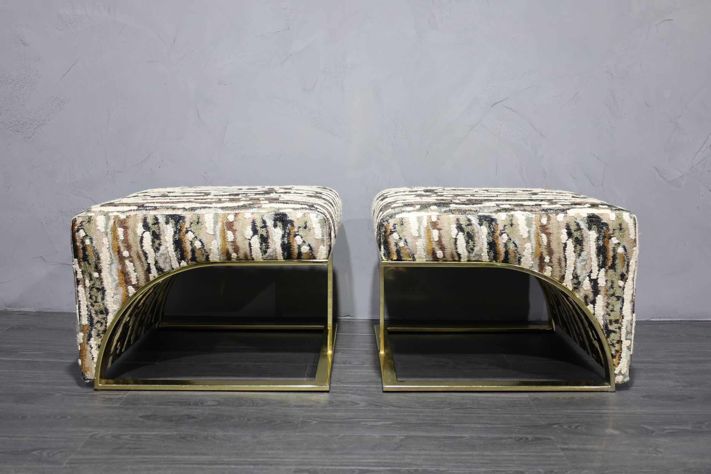 Metal Milo Baughman Style Brass Frame Benches in Donghia Upholstery