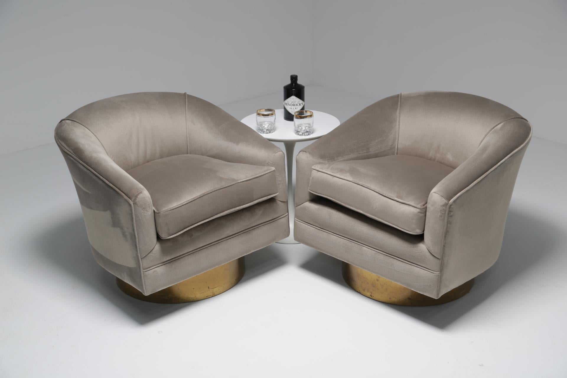 20th Century Milo Baughman style brass swivel mid-century chairs 