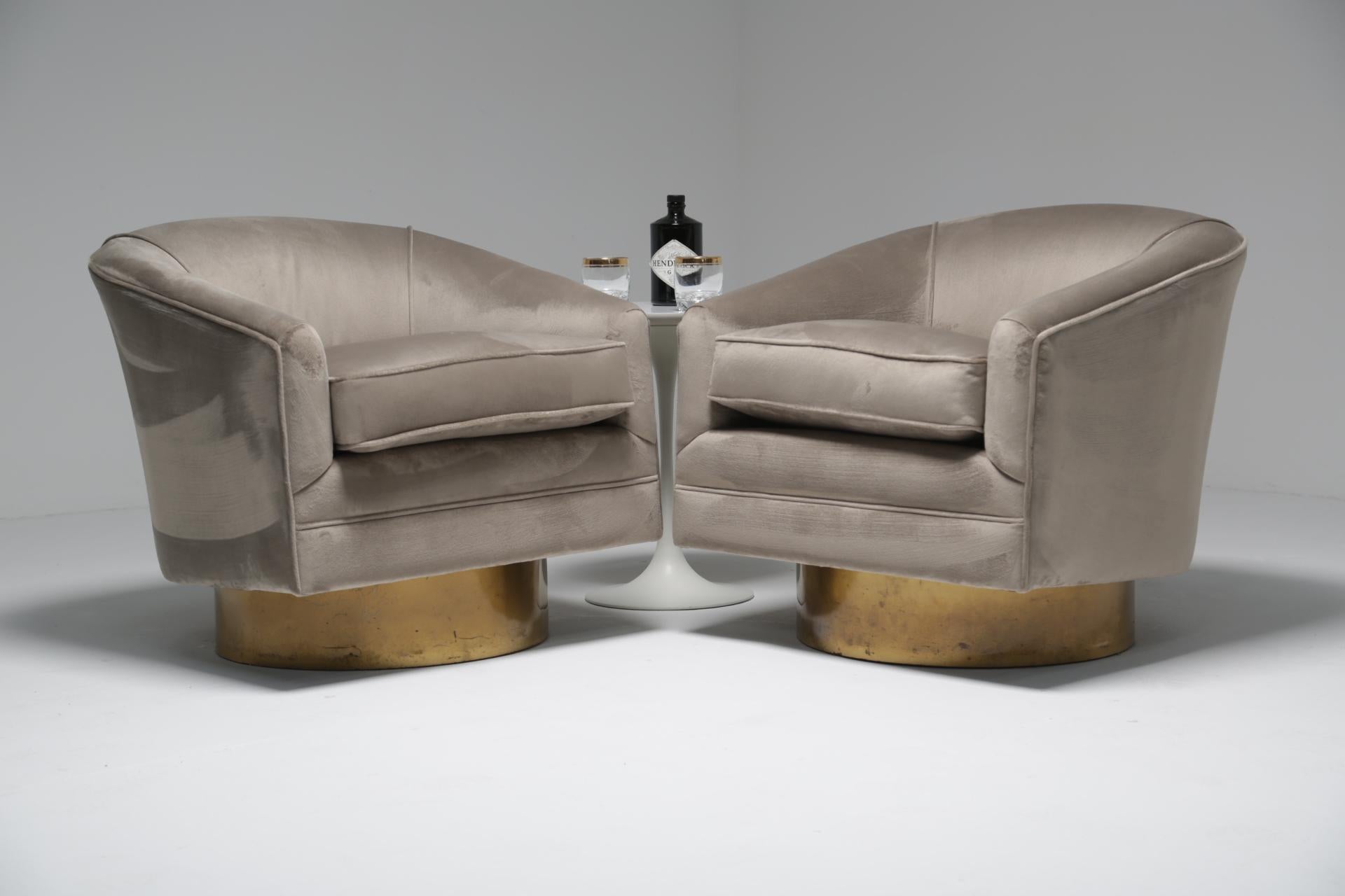 Velvet Milo Baughman style brass swivel mid-century chairs 