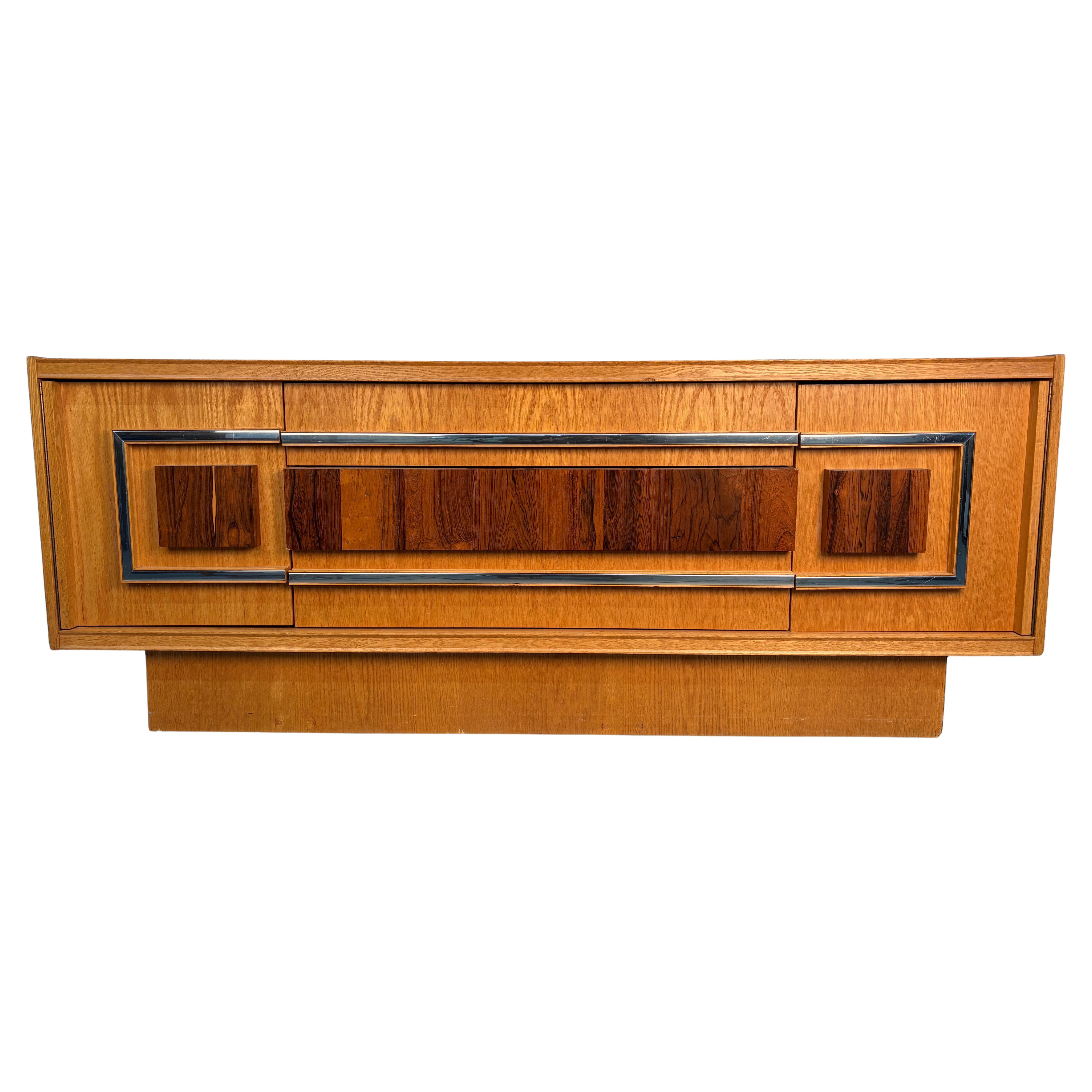 Milo Baughman Style Brutalist Mid Century Oak and Chrome Lowboy Dresser For Sale