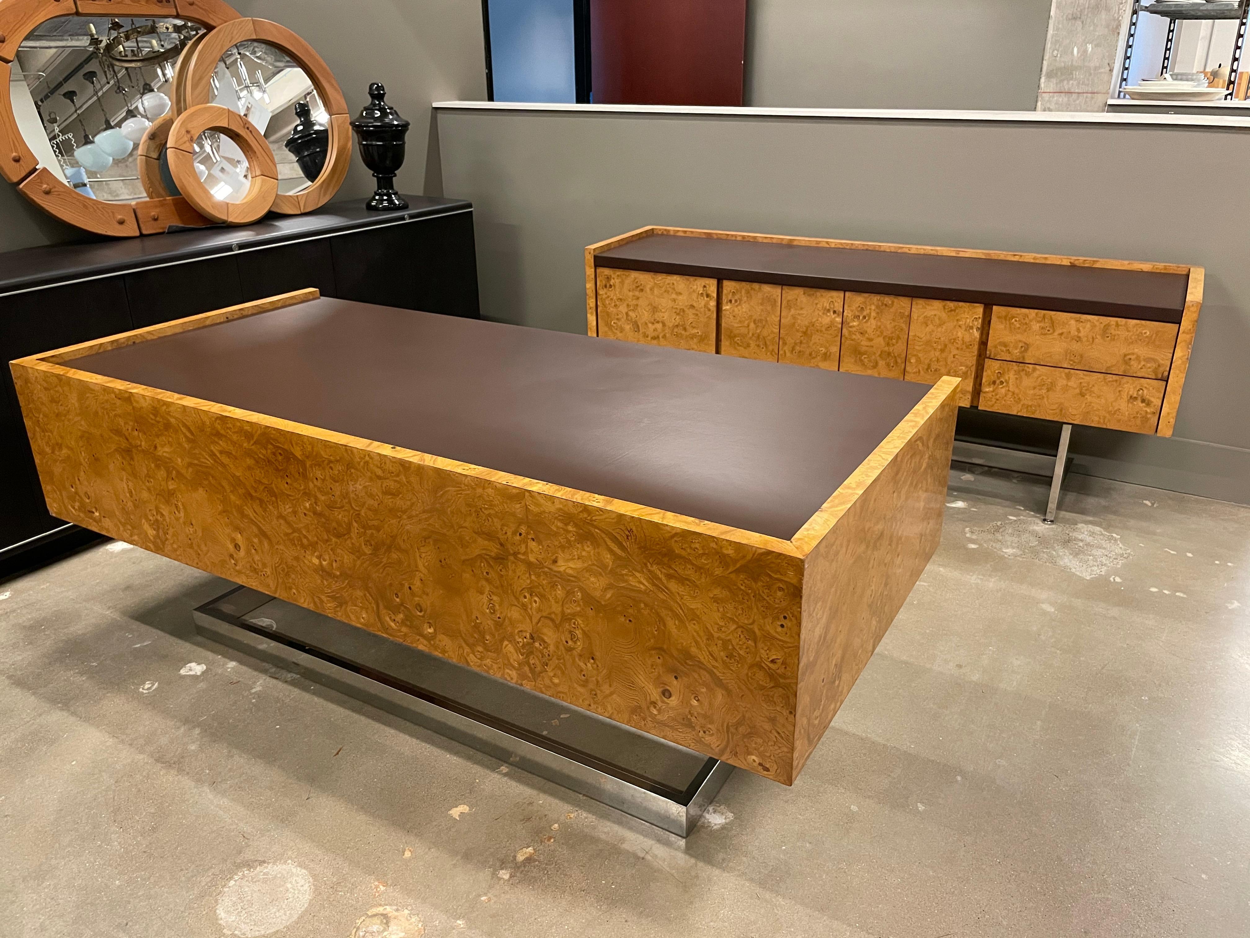 Mid-Century Modern Milo Baughman Style Burl and Chrome Credenza, 1970-80