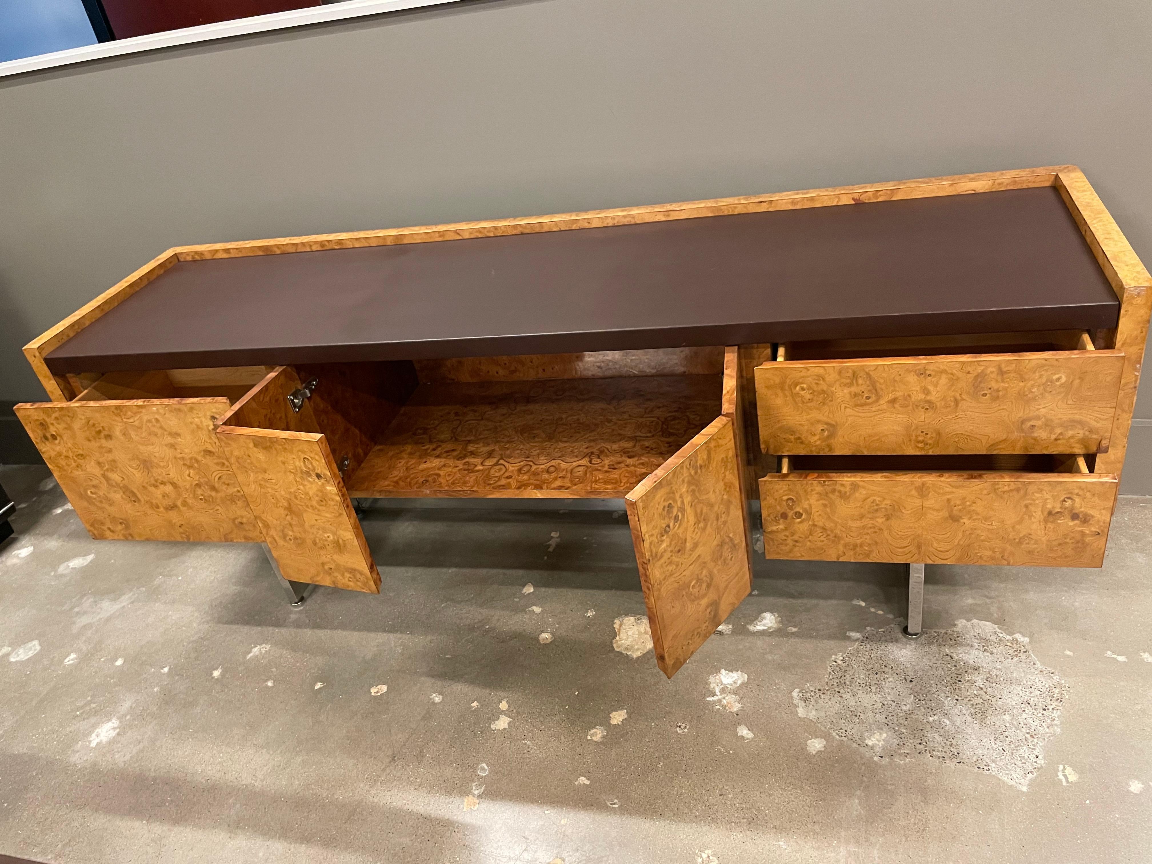 American Milo Baughman Style Burl and Chrome Credenza, 1970-80