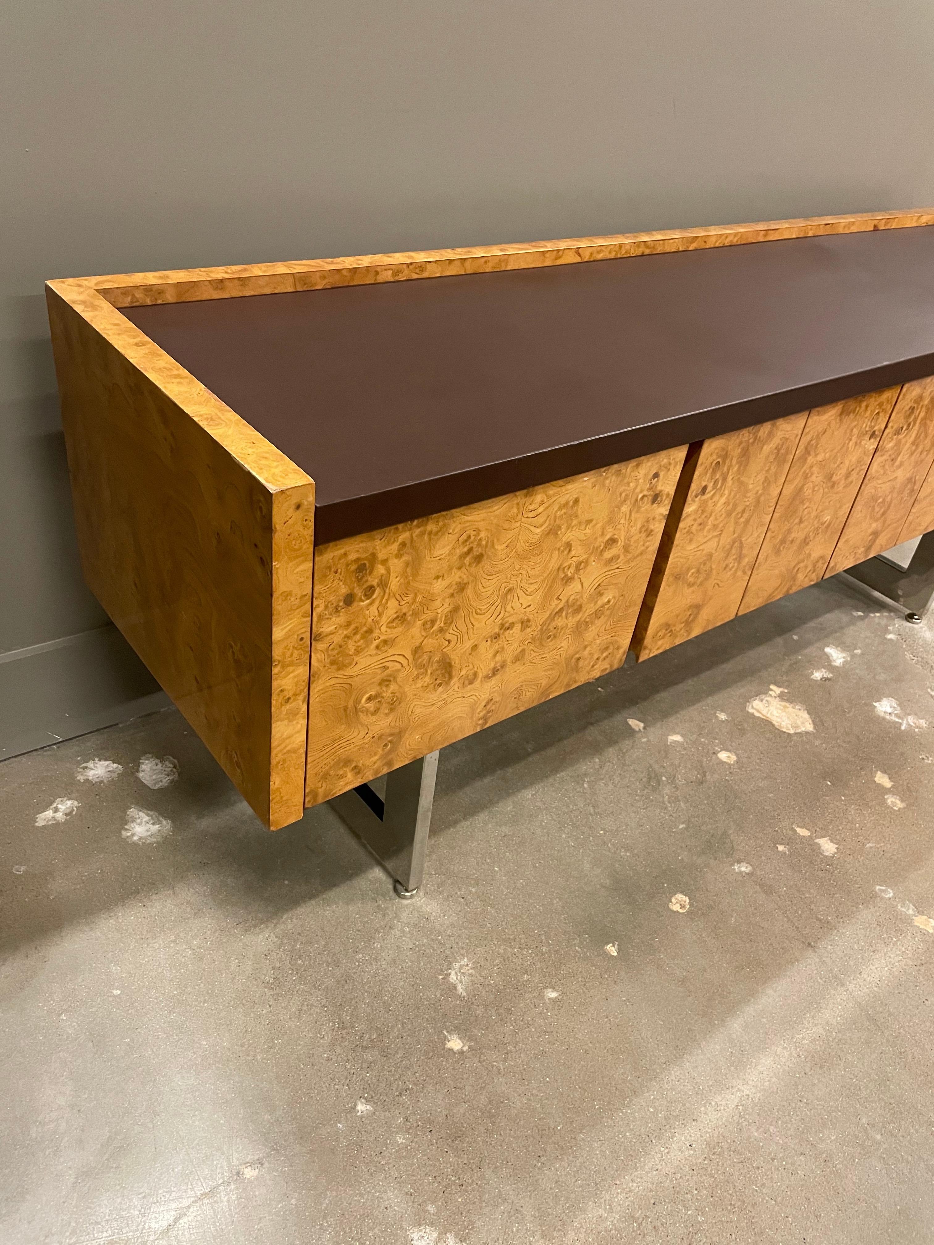 20th Century Milo Baughman Style Burl and Chrome Credenza, 1970-80