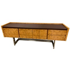 Milo Baughman Style Burl and Chrome Credenza, 1970-80