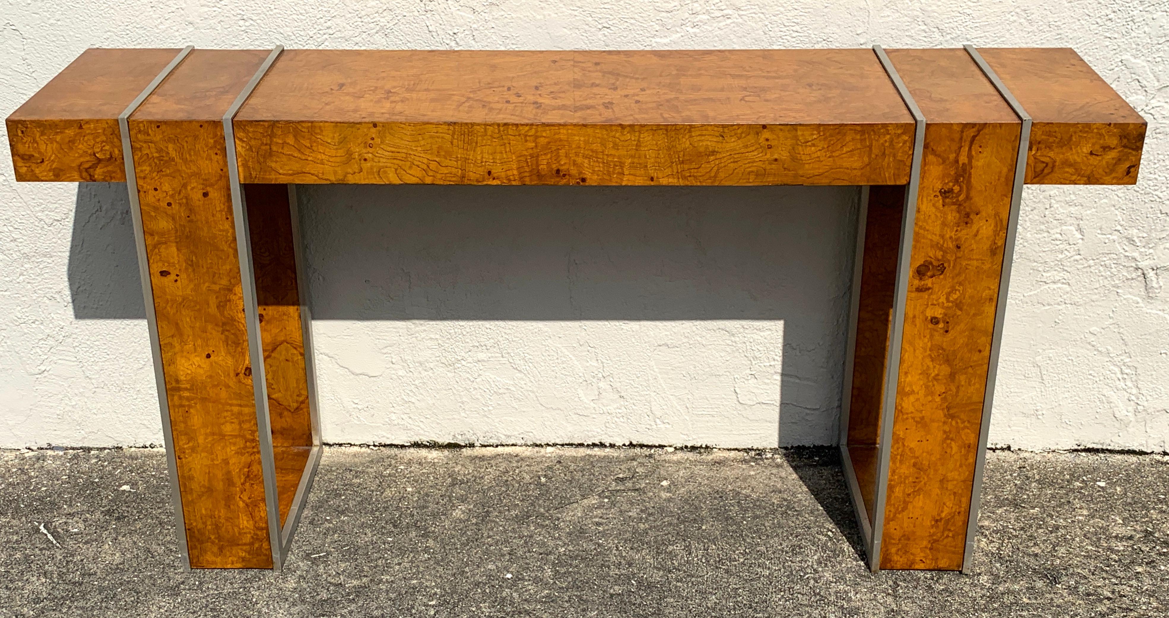 Milo Baughman Style Burl and Steel Console Table In Good Condition In West Palm Beach, FL
