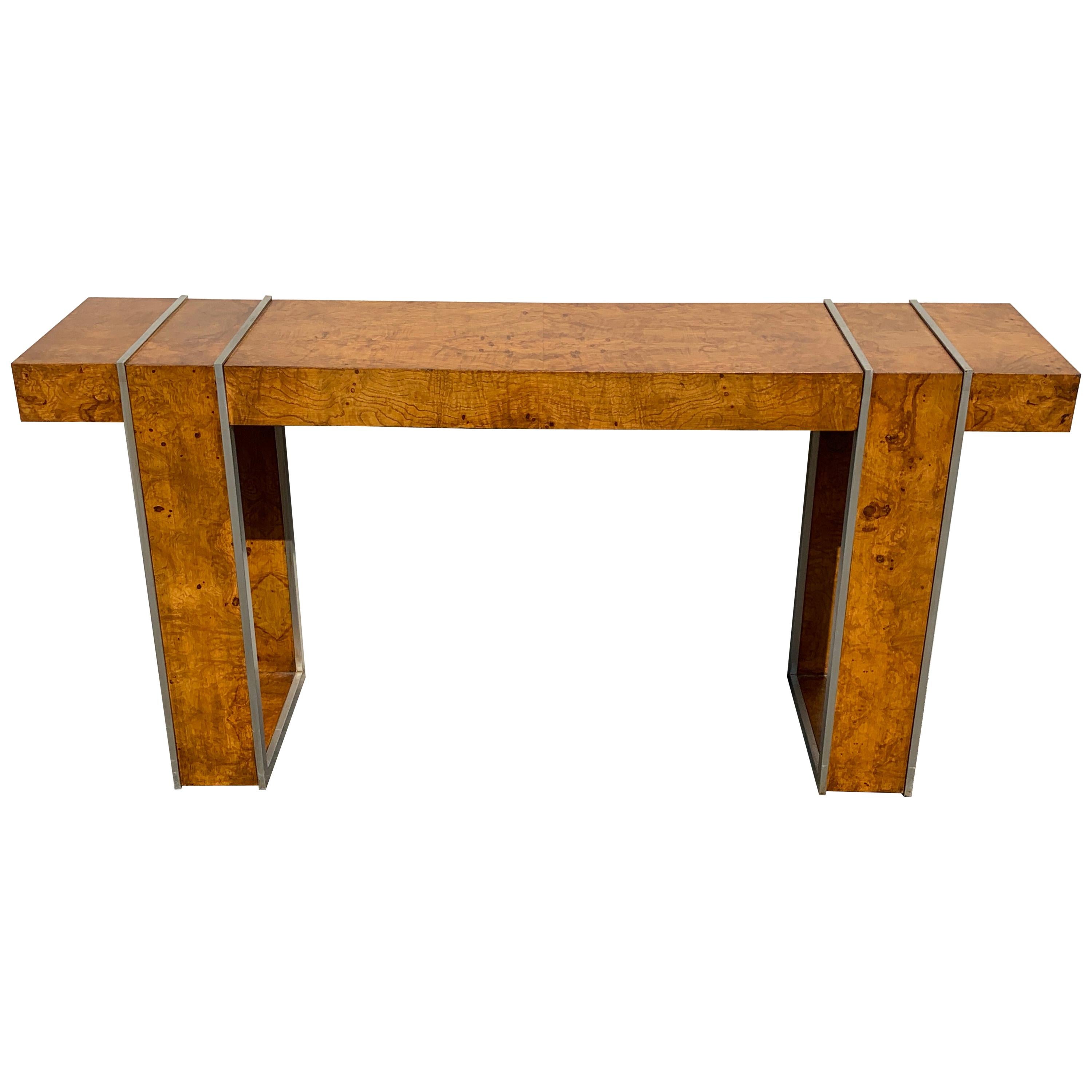 Milo Baughman Style Burl and Steel Console Table