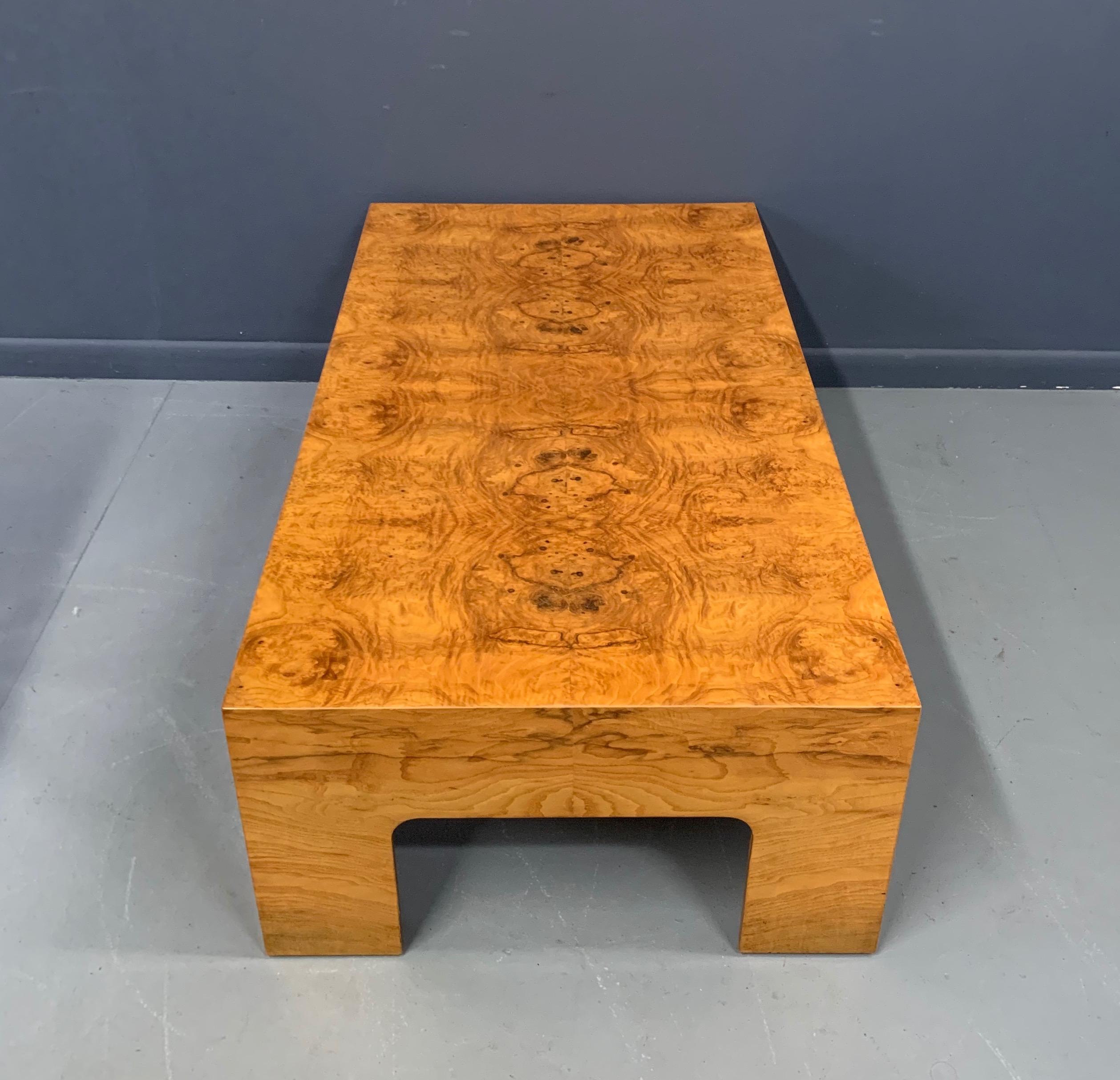 20th Century Milo Baughman Style Burl Coffee Table Midcentury