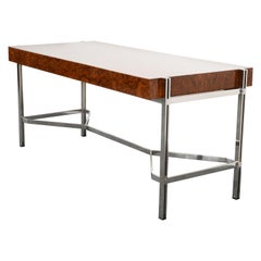 Milo Baughman Style Burl Elm and Chrome Steel Desk for Pace Collection, 1970s