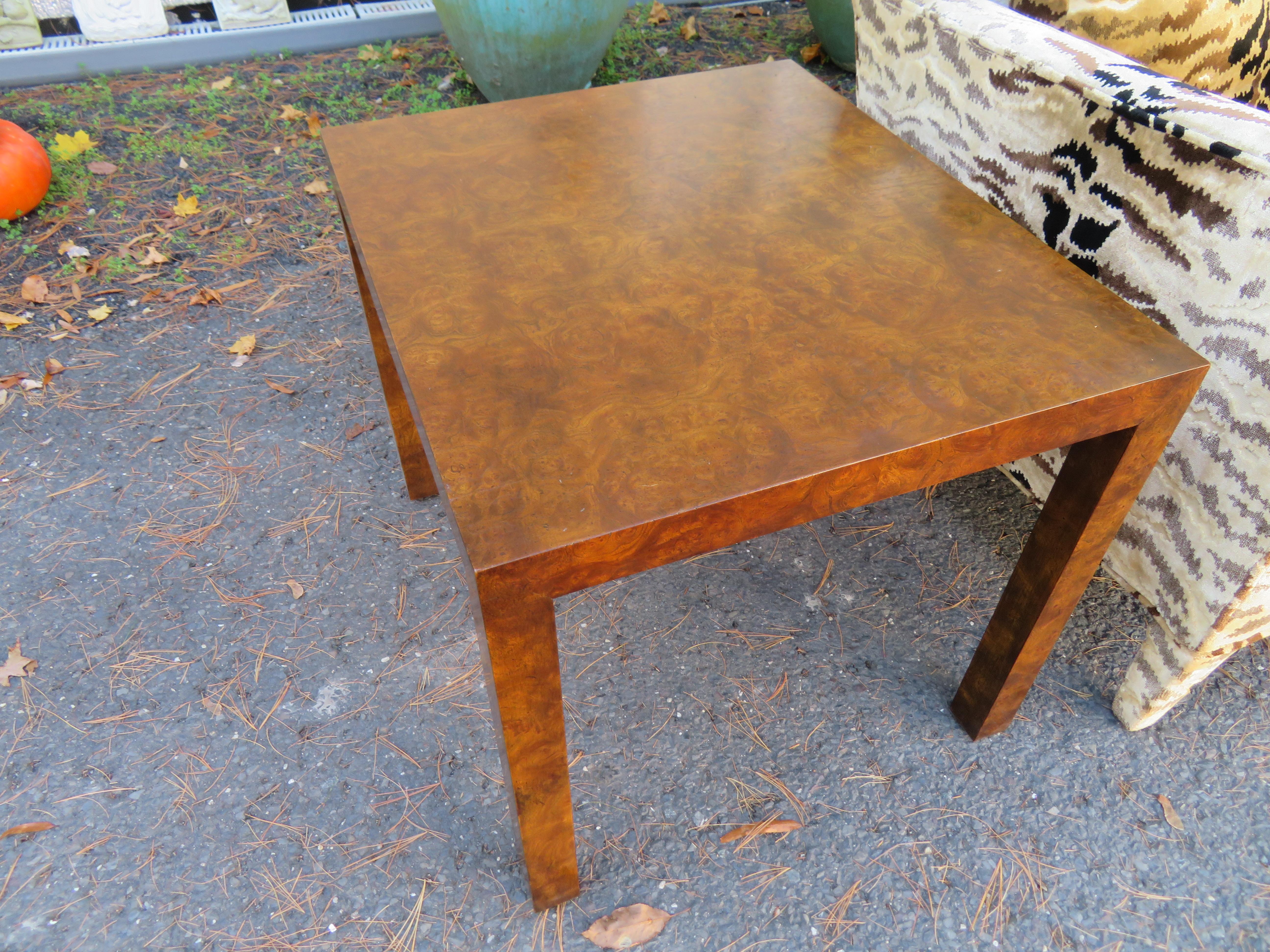 Milo Baughman Style Burl Walnut Parson Side End Table For Sale 6