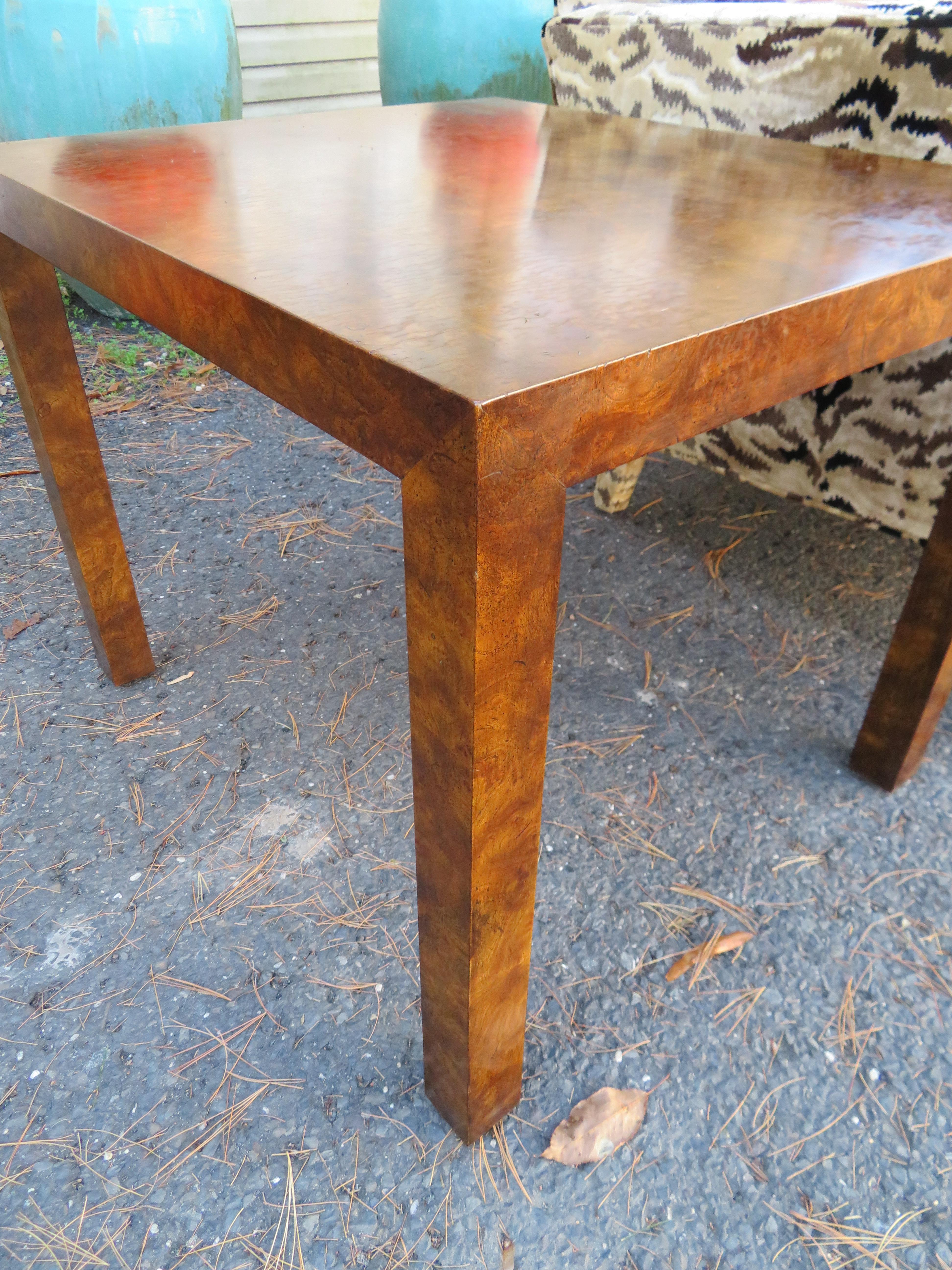 Mid-20th Century Milo Baughman Style Burl Walnut Parson Side End Table For Sale