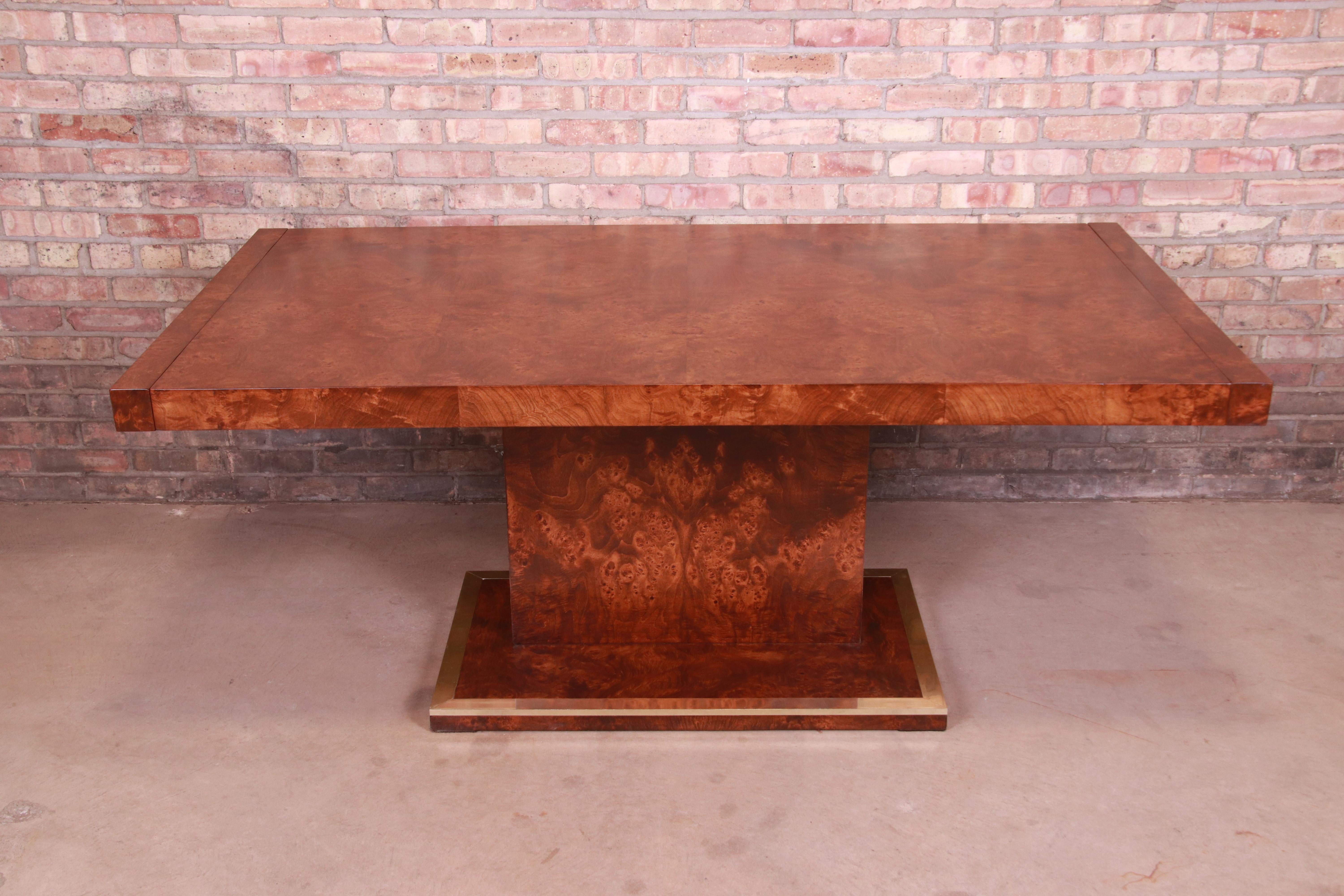 Milo Baughman Style Burl Wood and Brass Extension Dining Table, Newly Refinished 4