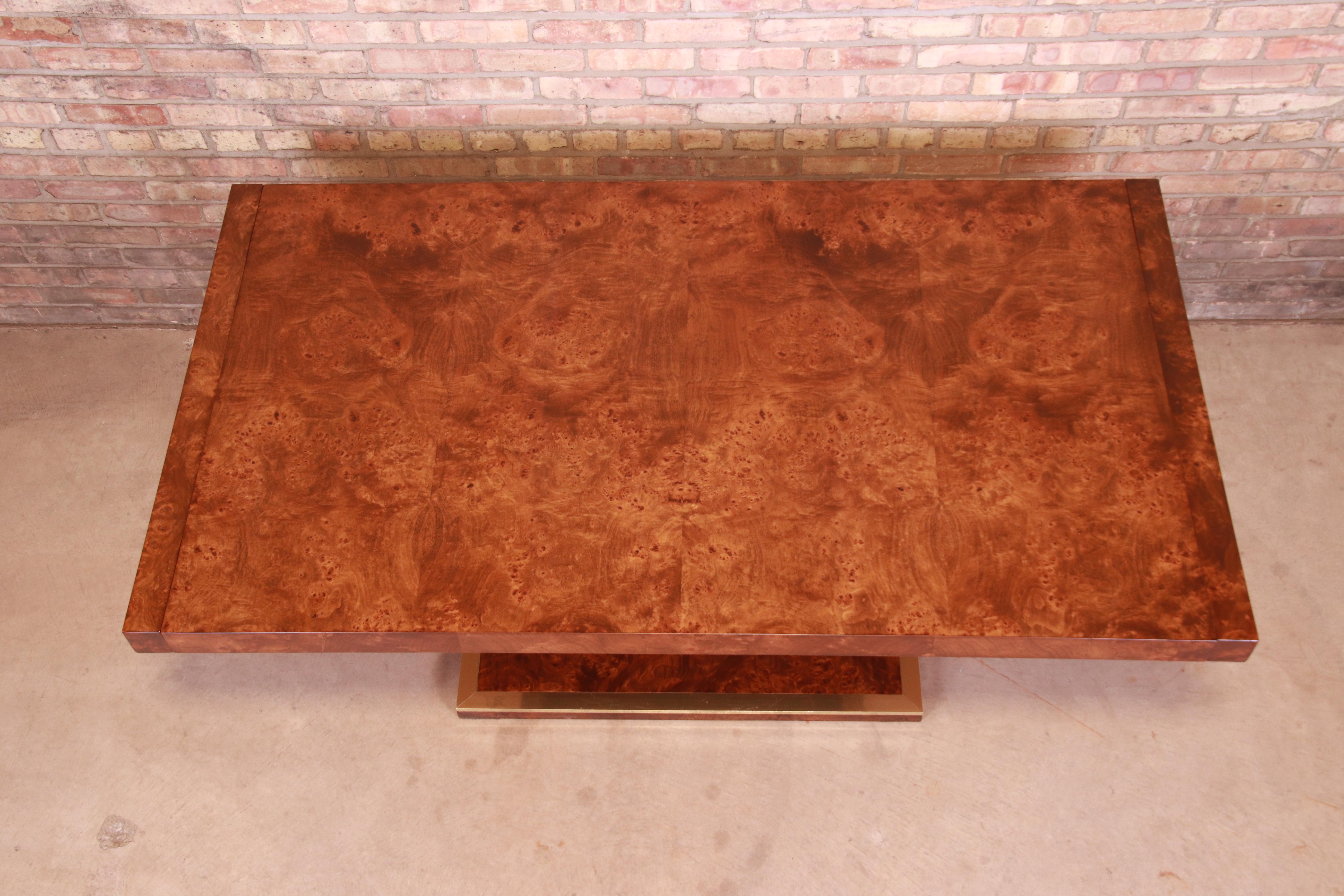 Milo Baughman Style Burl Wood and Brass Extension Dining Table, Newly Refinished 10