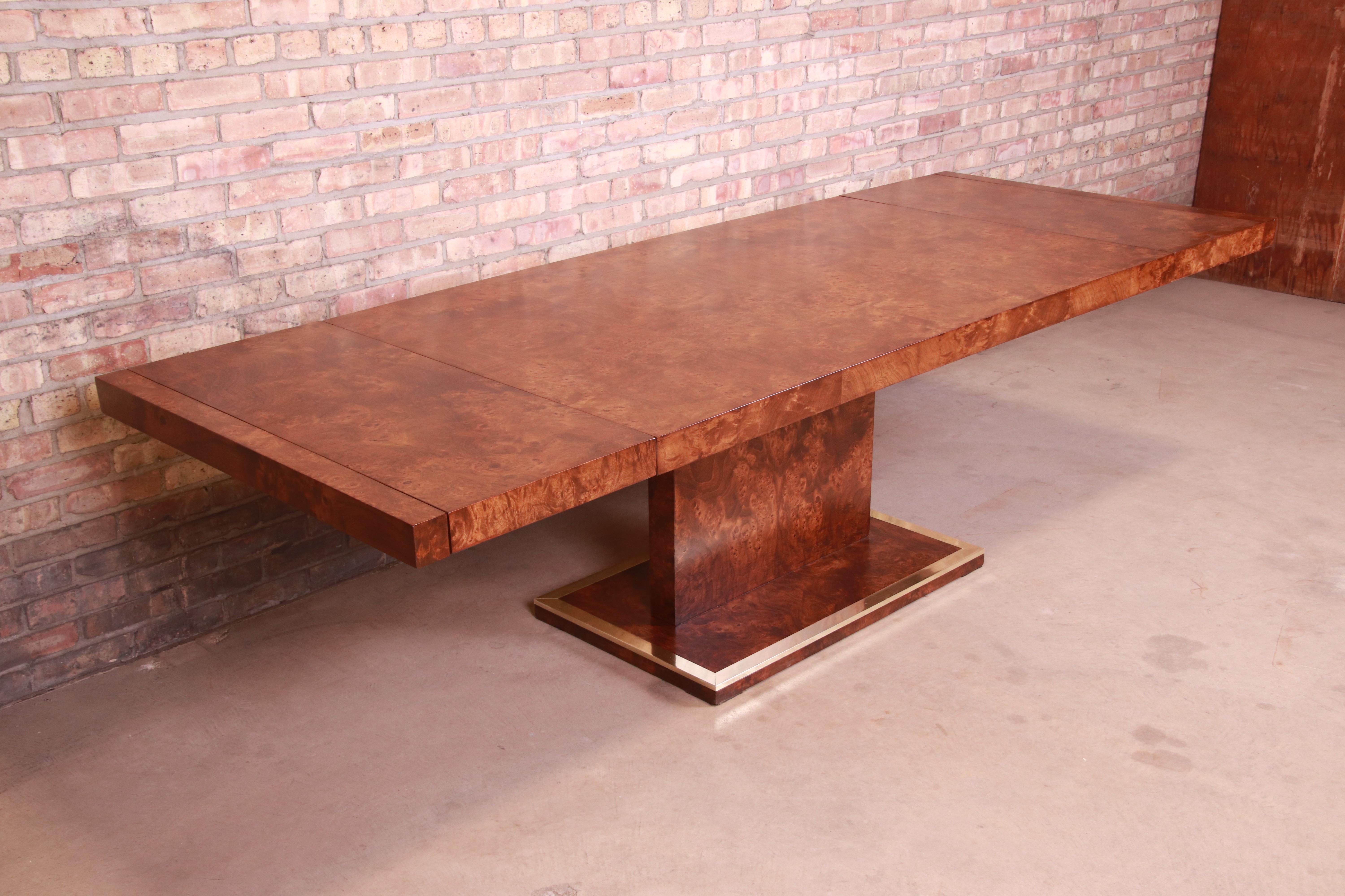 Milo Baughman Style Burl Wood and Brass Extension Dining Table, Newly Refinished In Good Condition In South Bend, IN