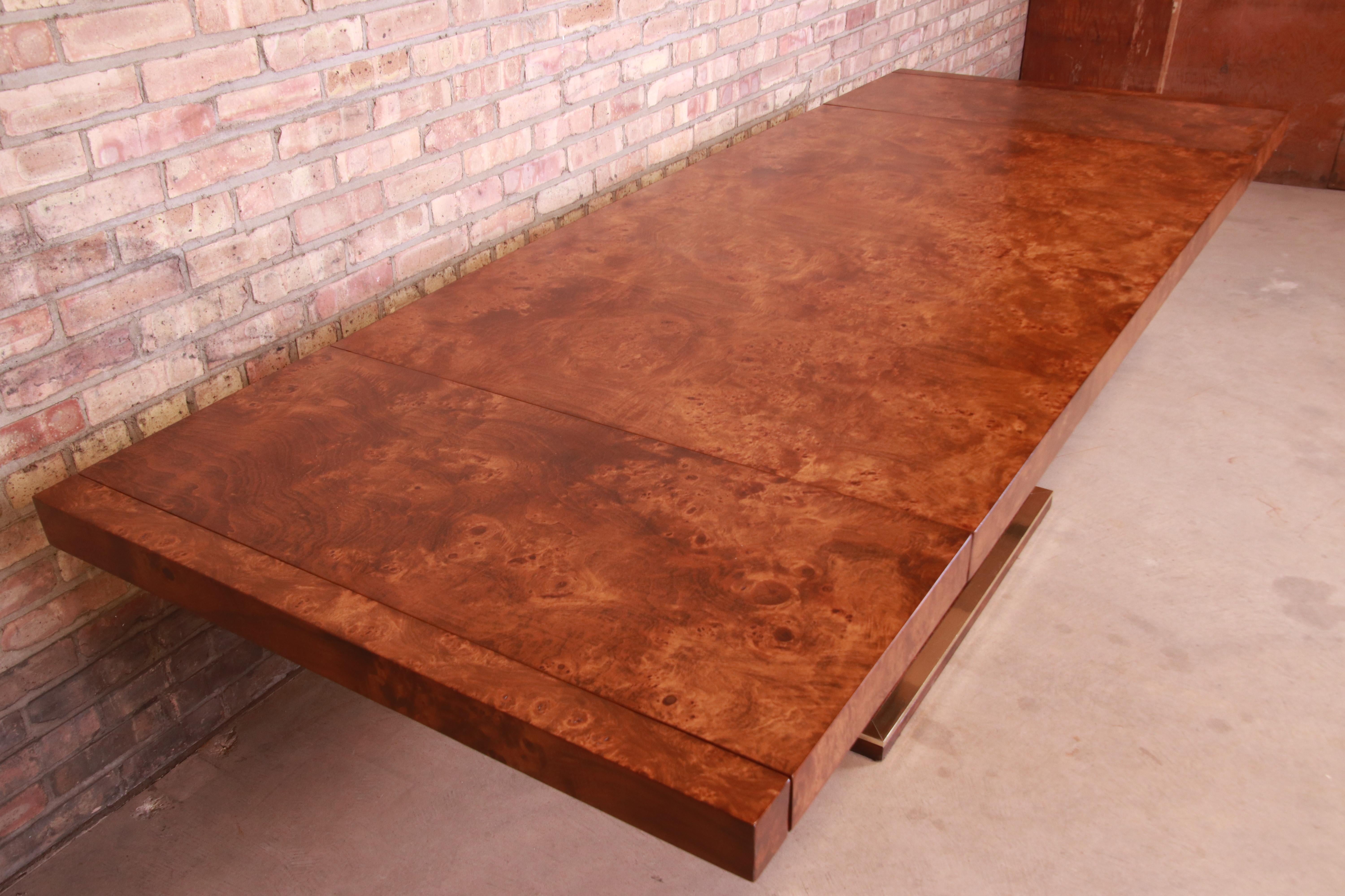 Milo Baughman Style Burl Wood and Brass Extension Dining Table, Newly Refinished 1