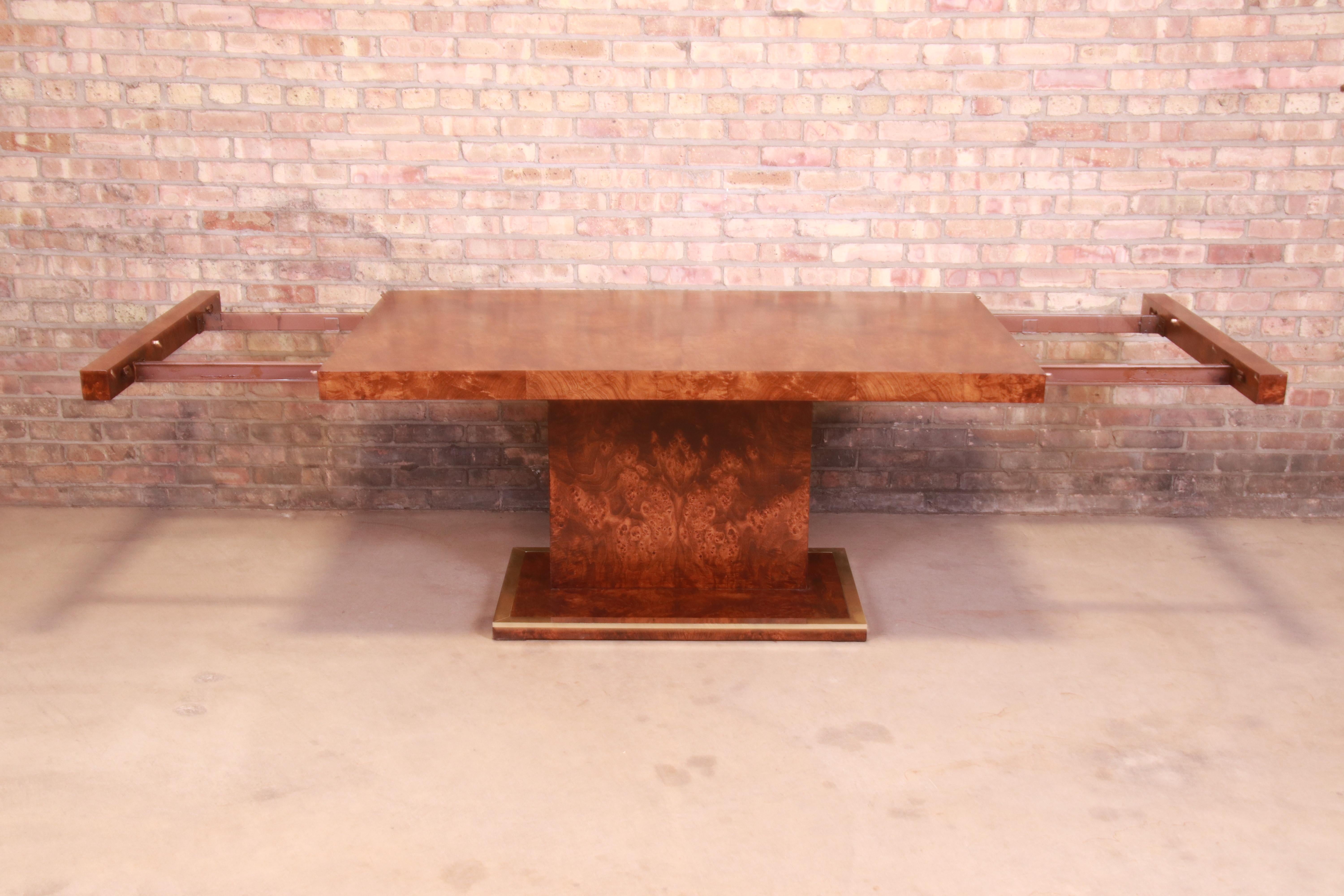 Milo Baughman Style Burl Wood and Brass Extension Dining Table, Newly Refinished 3