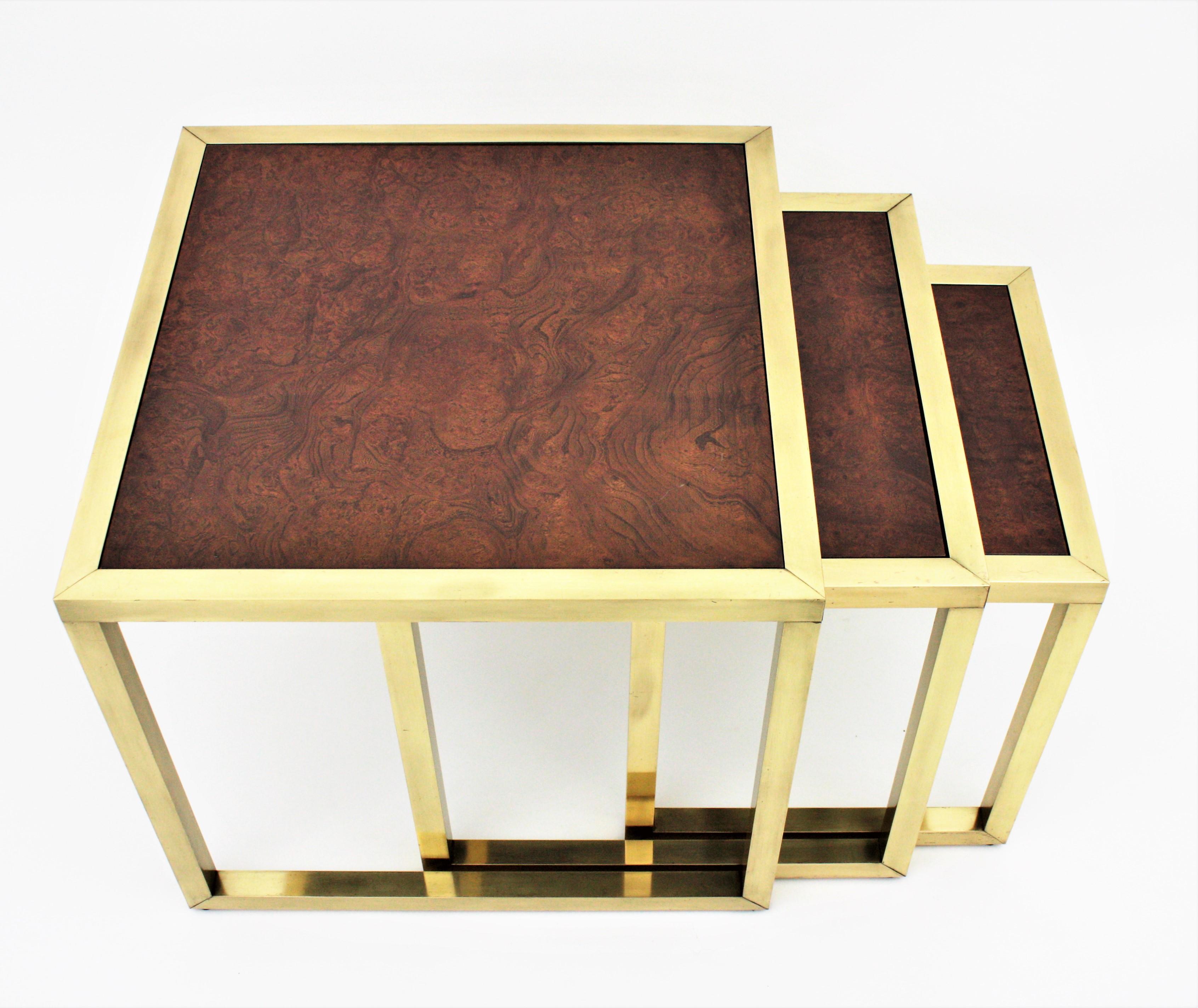 Milo Baughman Style Nesting Tables in Burl Wood and Brass  For Sale 4
