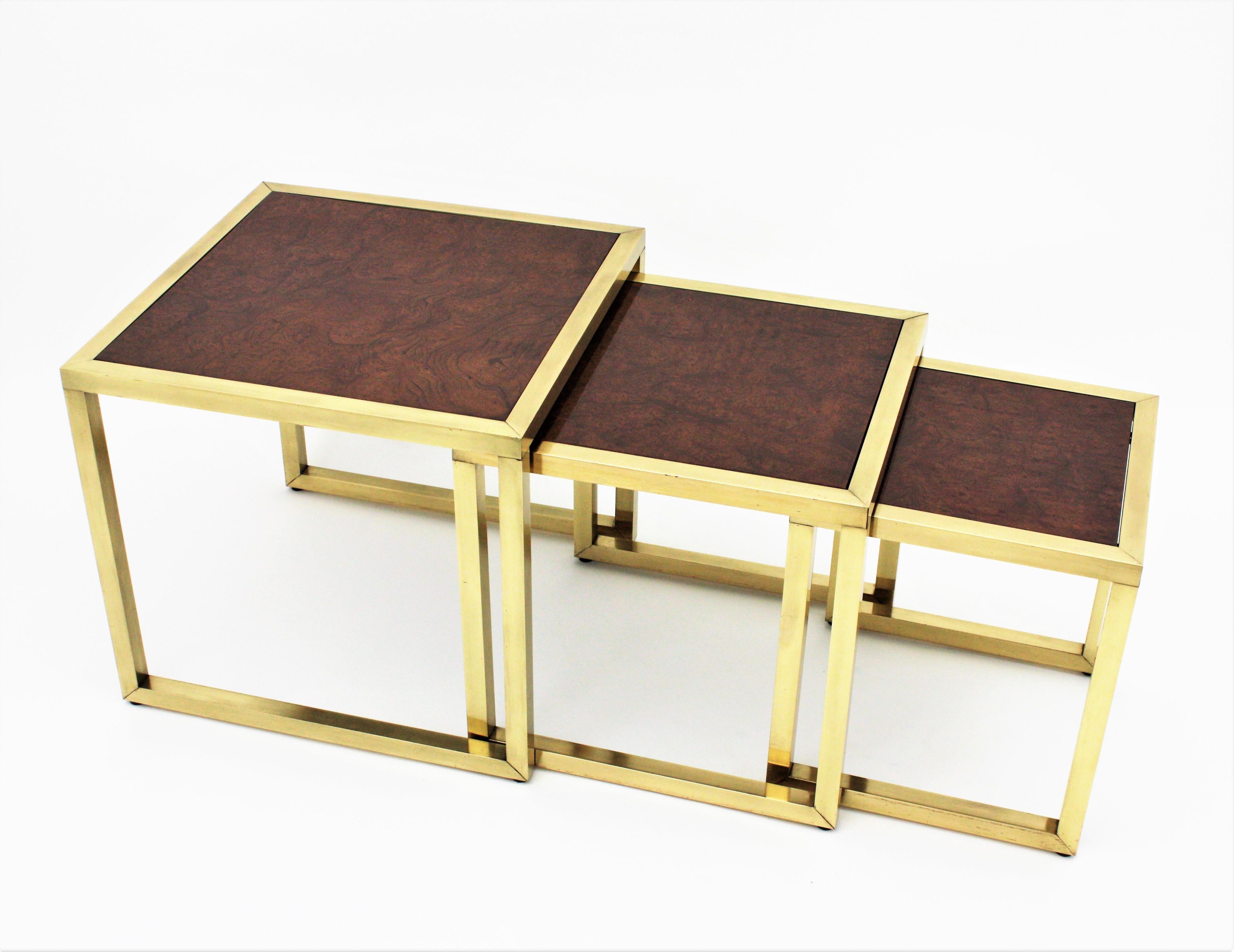 Milo Baughman Style Nesting Tables, Wood and Brass  For Sale 5