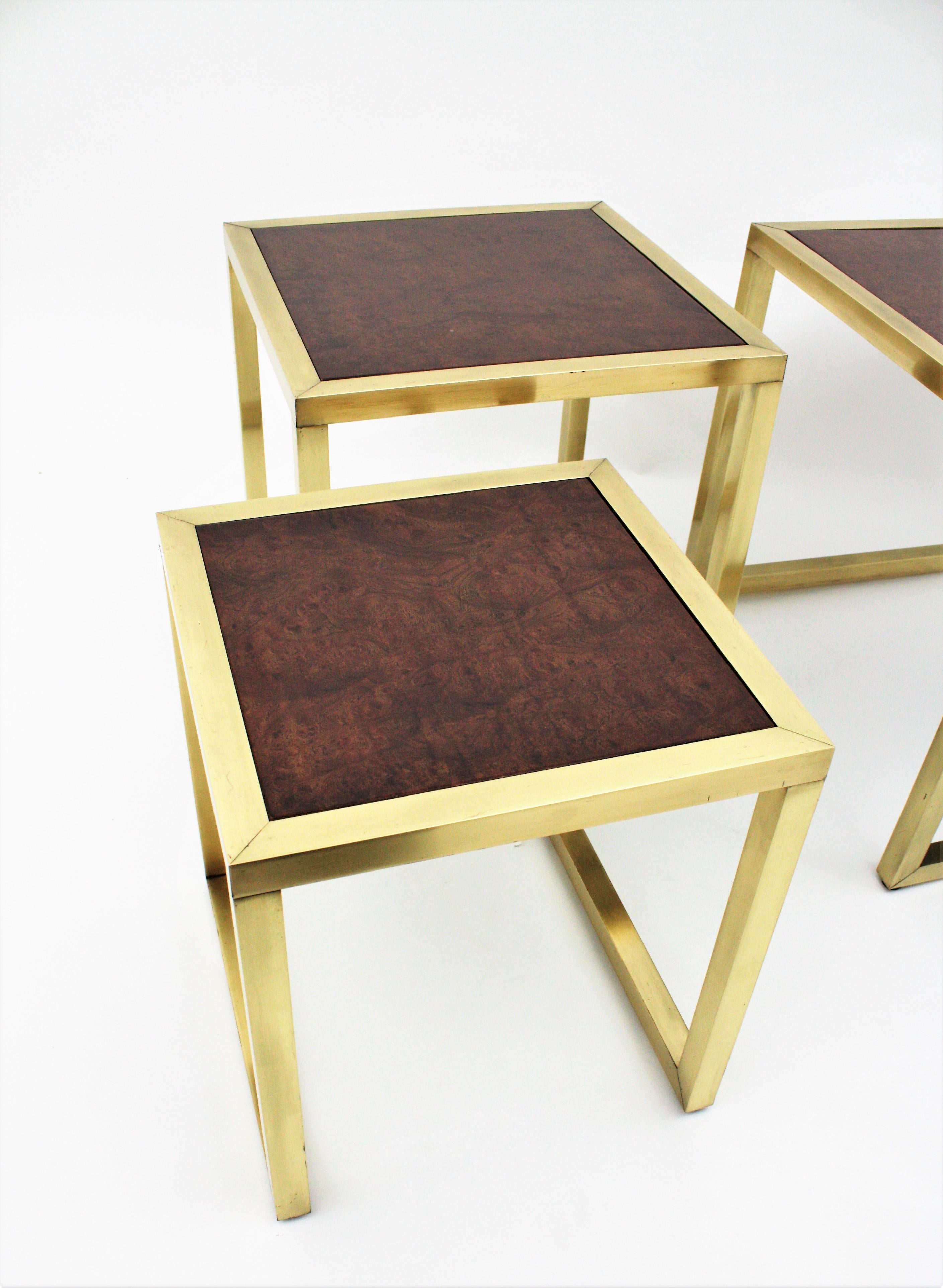 Milo Baughman Style Nesting Tables in Burl Wood and Brass  For Sale 9