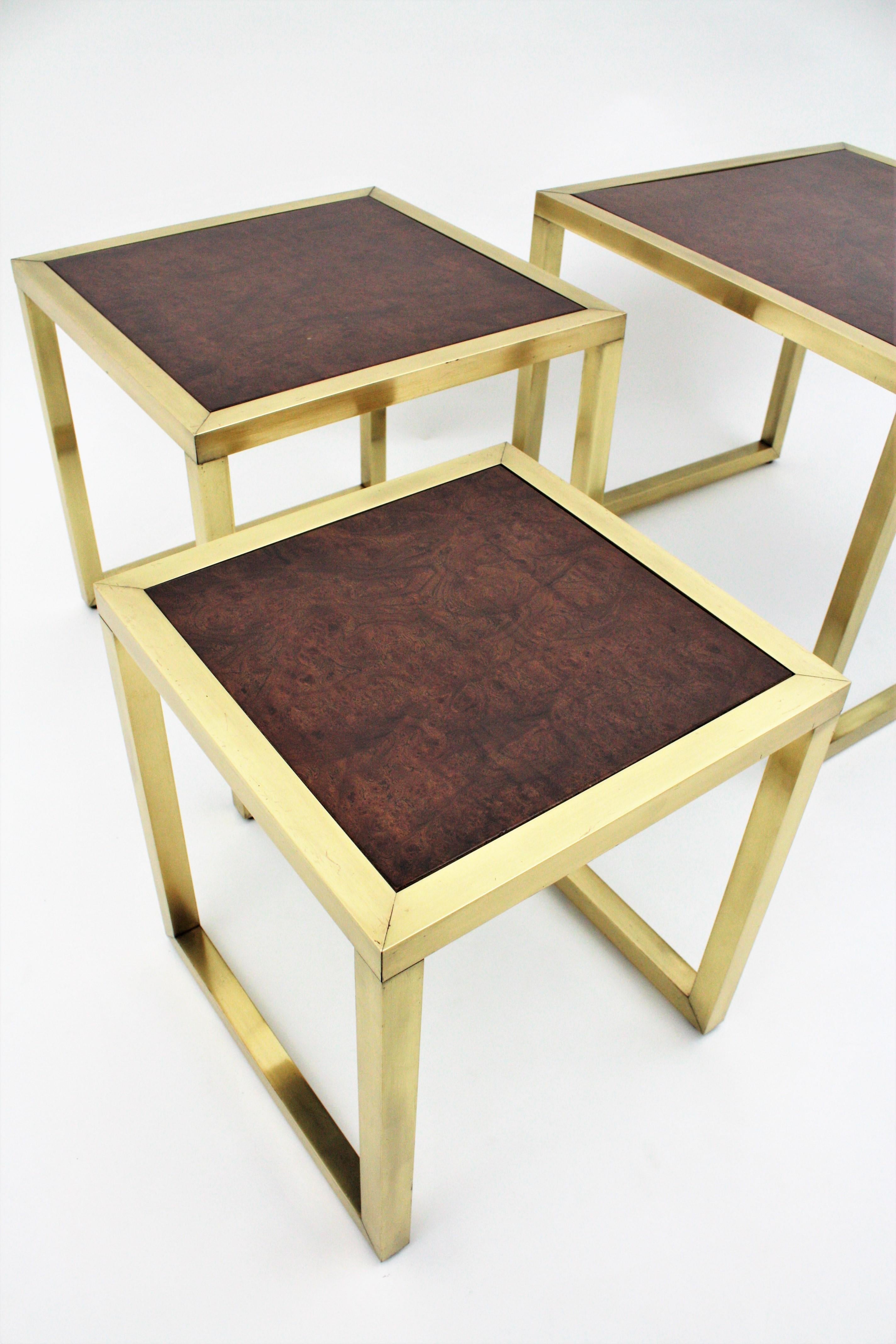Milo Baughman Style Nesting Tables in Burl Wood and Brass  For Sale 10