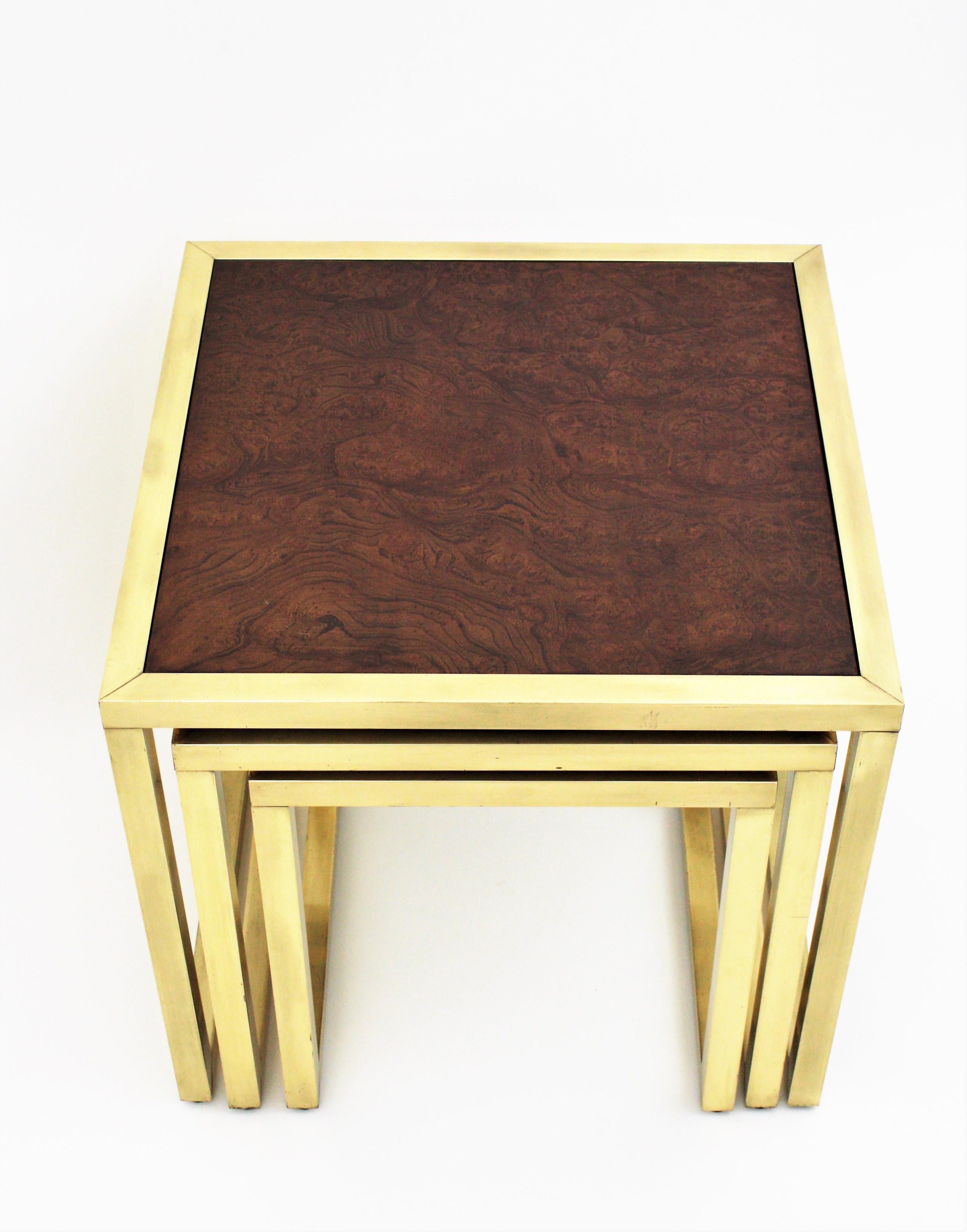 20th Century Milo Baughman Style Nesting Tables in Burl Wood and Brass  For Sale