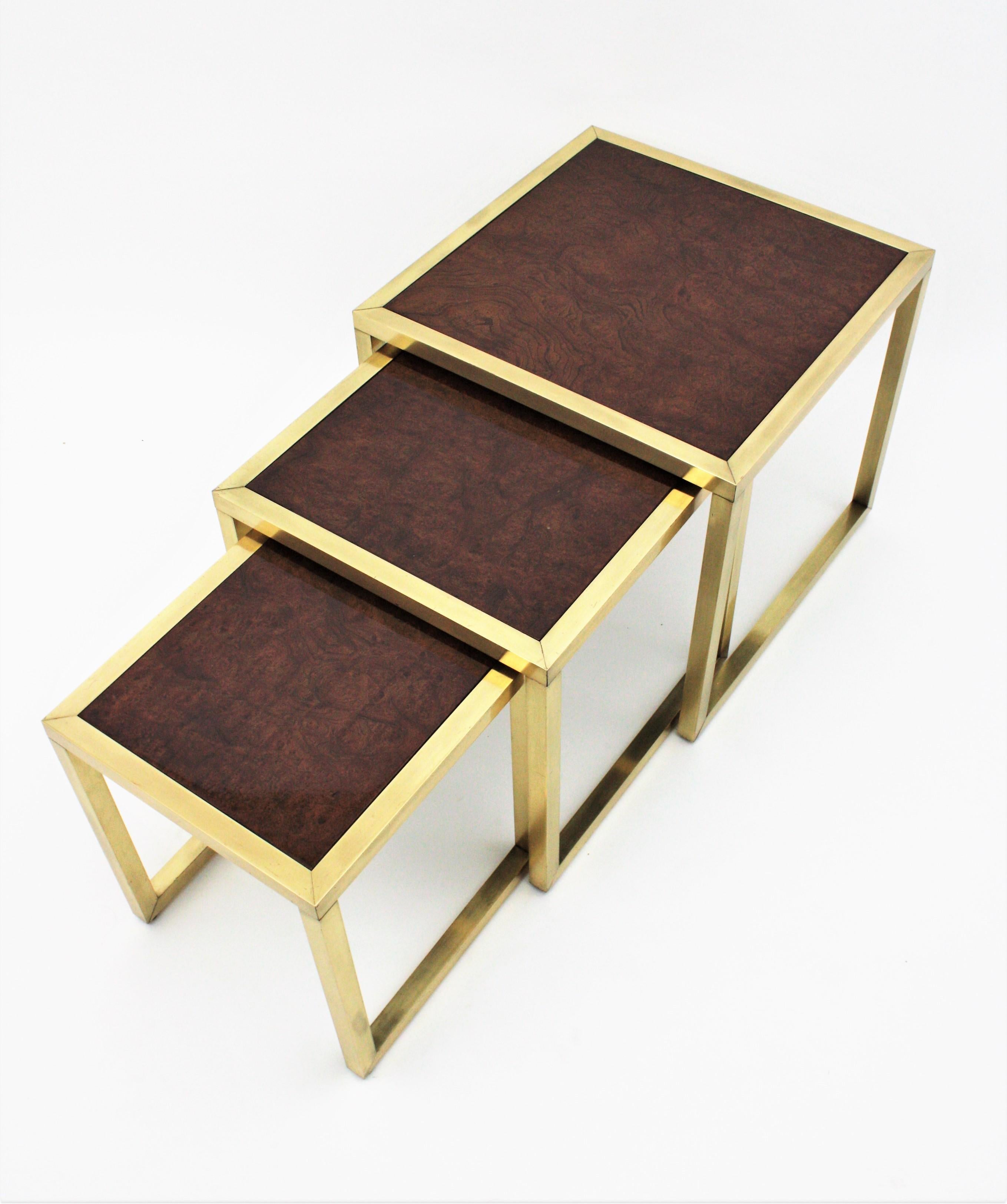 Milo Baughman Style Nesting Tables in Burl Wood and Brass  For Sale 1