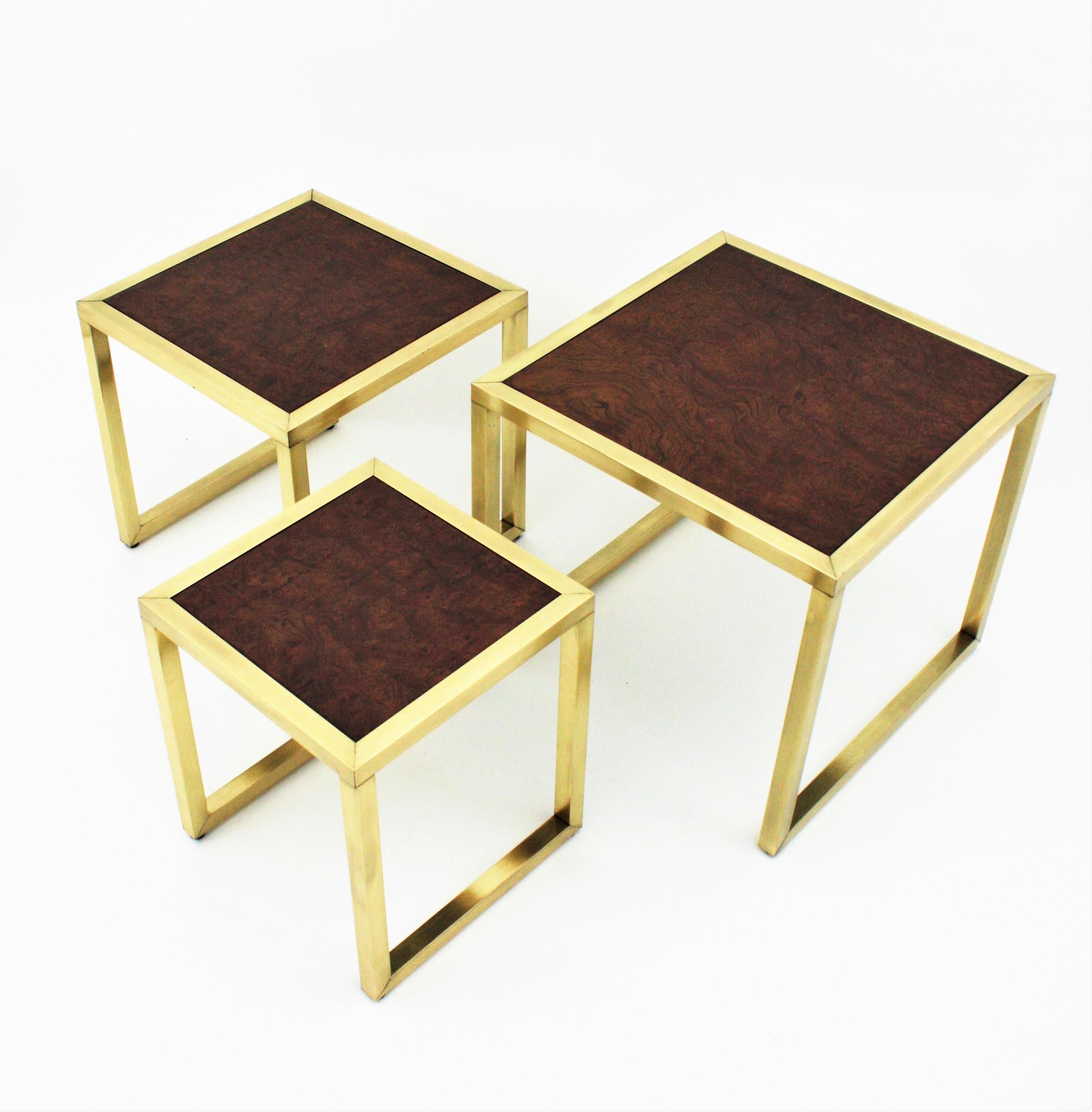 Milo Baughman Style Nesting Tables in Burl Wood and Brass  For Sale 2