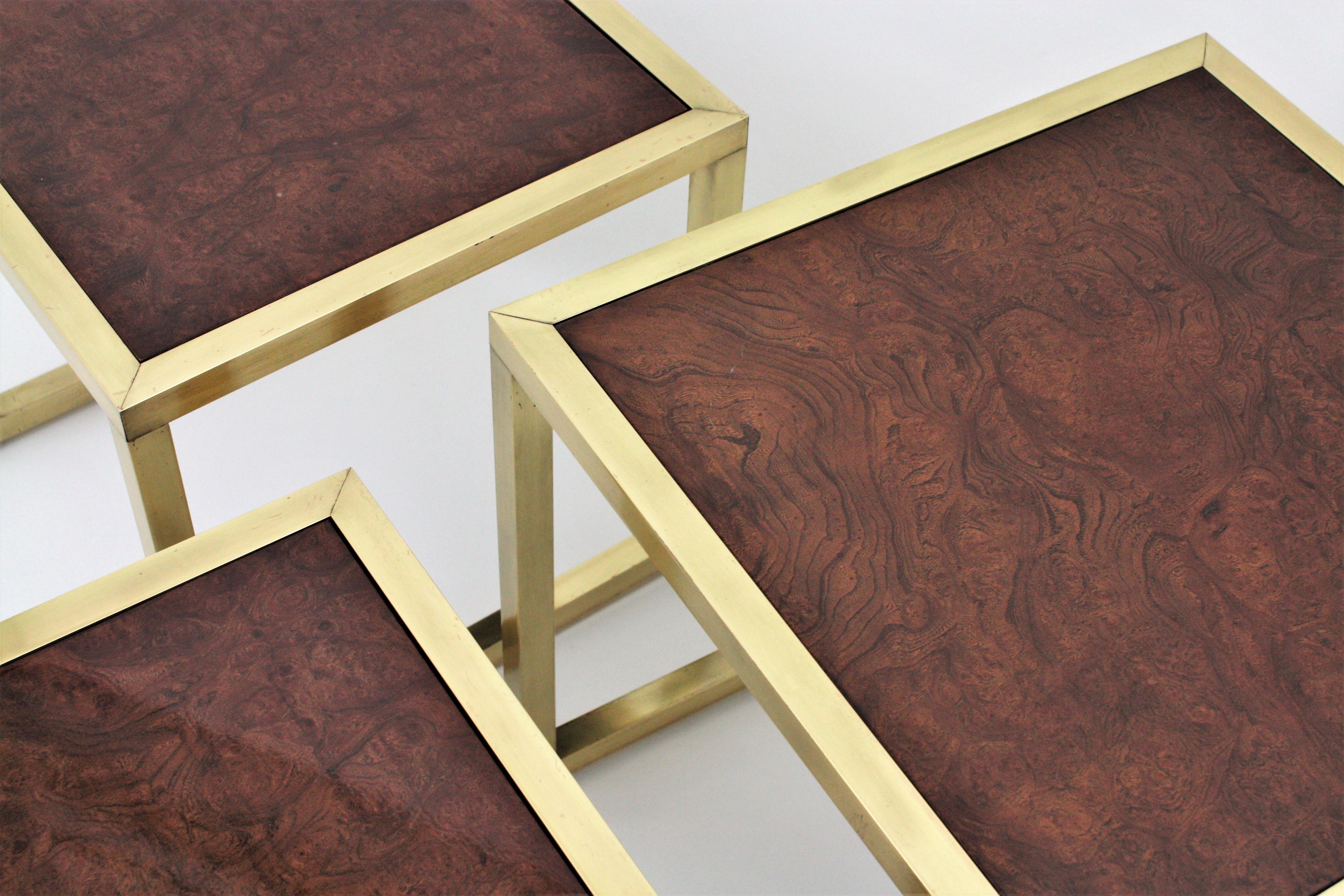 Milo Baughman Style Nesting Tables in Burl Wood and Brass  For Sale 3