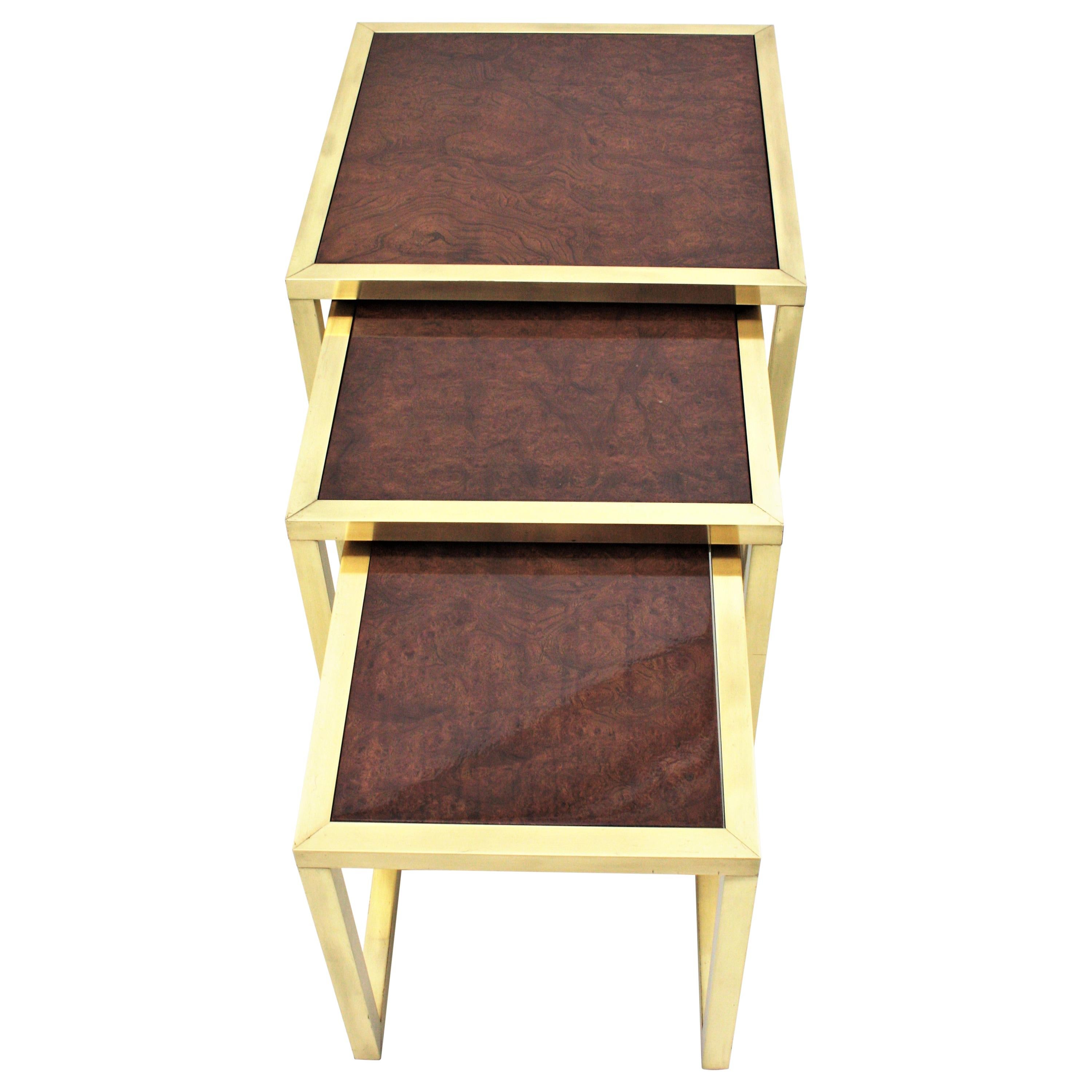 Milo Baughman Style Nesting Tables in Burl Wood and Brass 