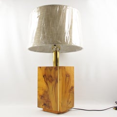 Milo Baughman Style Burl Wood and Brass Table Lamp