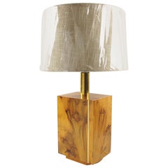 Milo Baughman Style Burl Wood and Brass Table Lamp