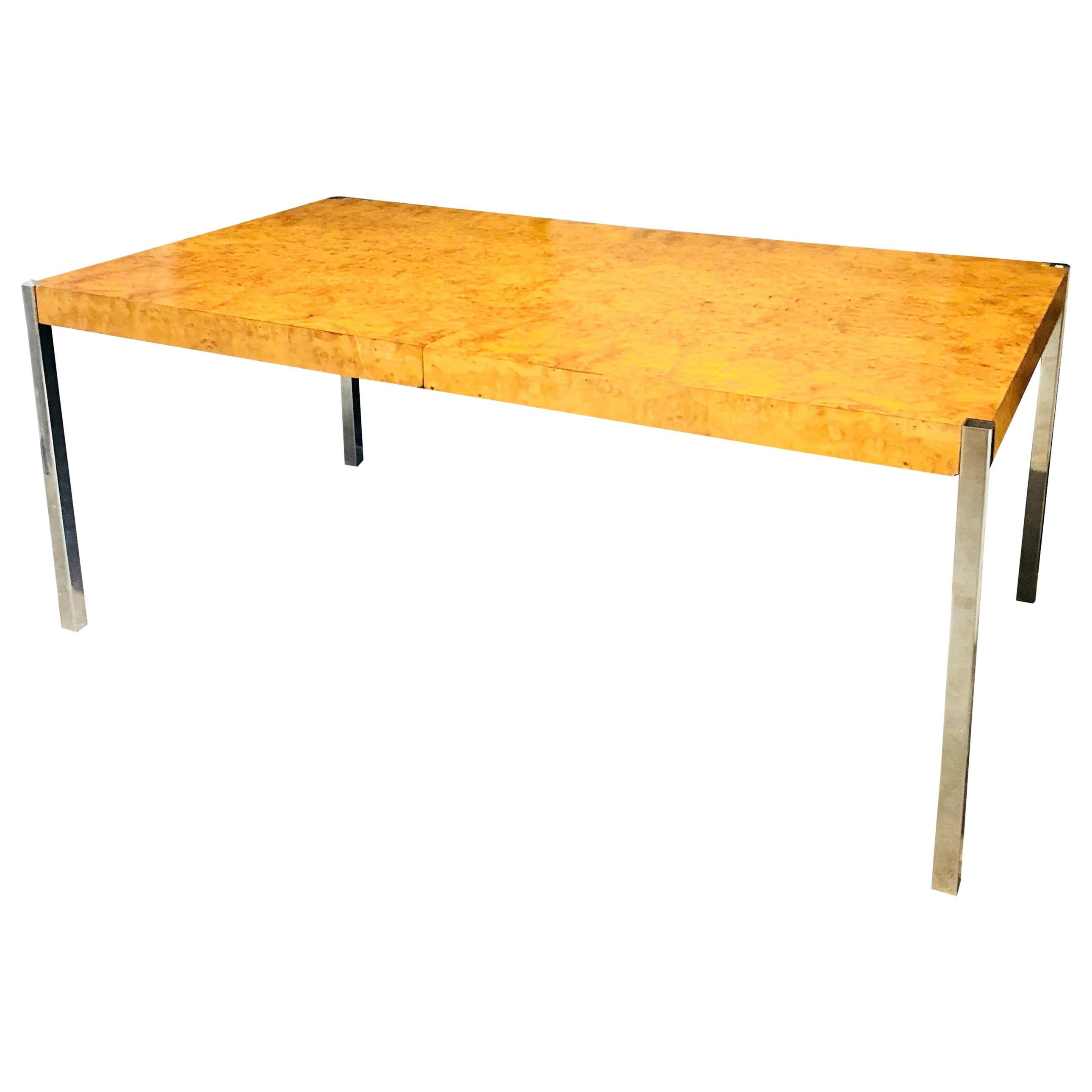 Milo Baughman Style Burl Wood and Chrome Dining Table or Writing Table For Sale