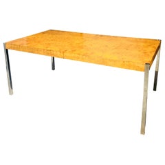 Milo Baughman Style Burl Wood and Chrome Dining Table or Writing Table