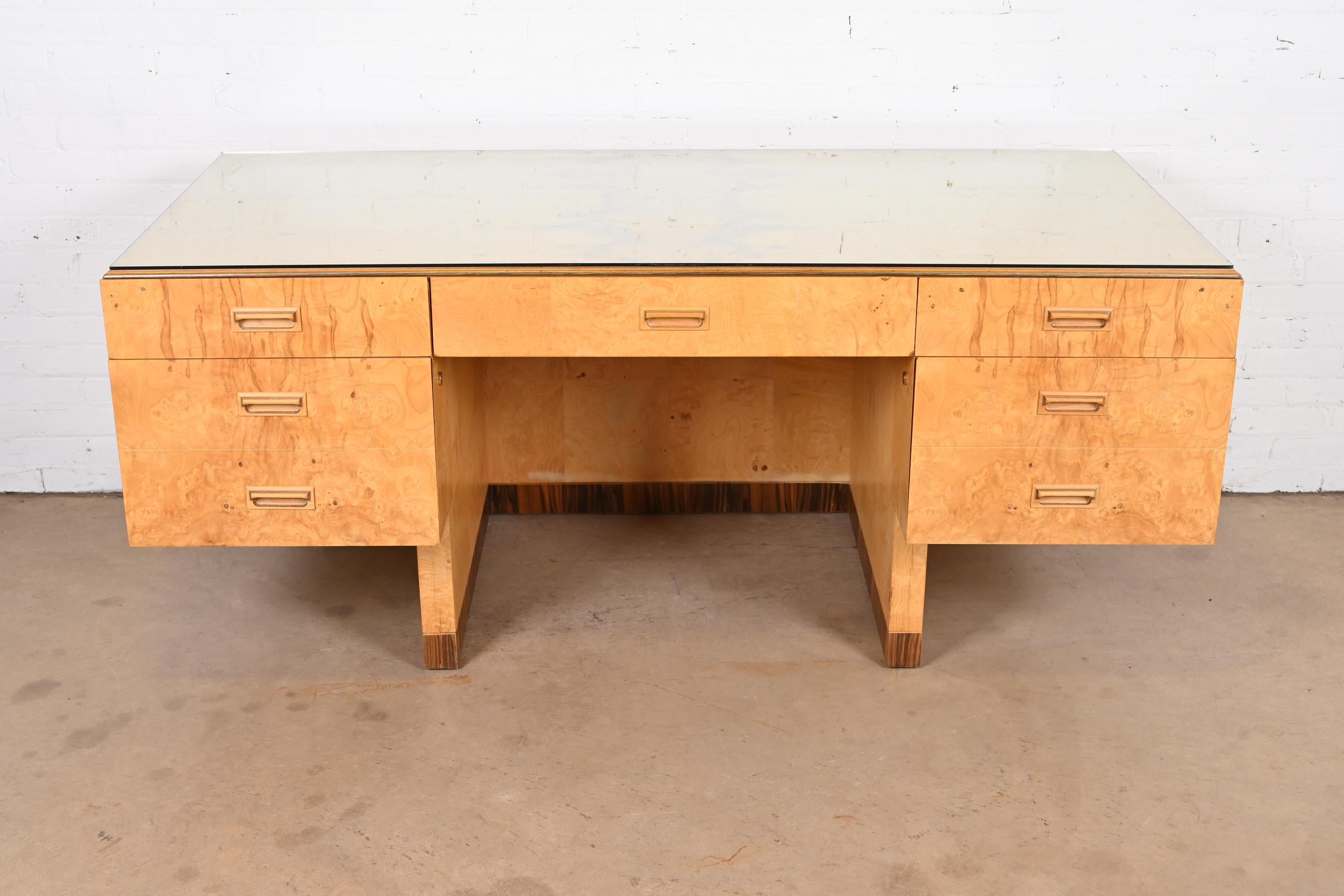 Milo Baughman Style Burl Wood and Macassar Ebony Executive Desk by Henredon For Sale 9