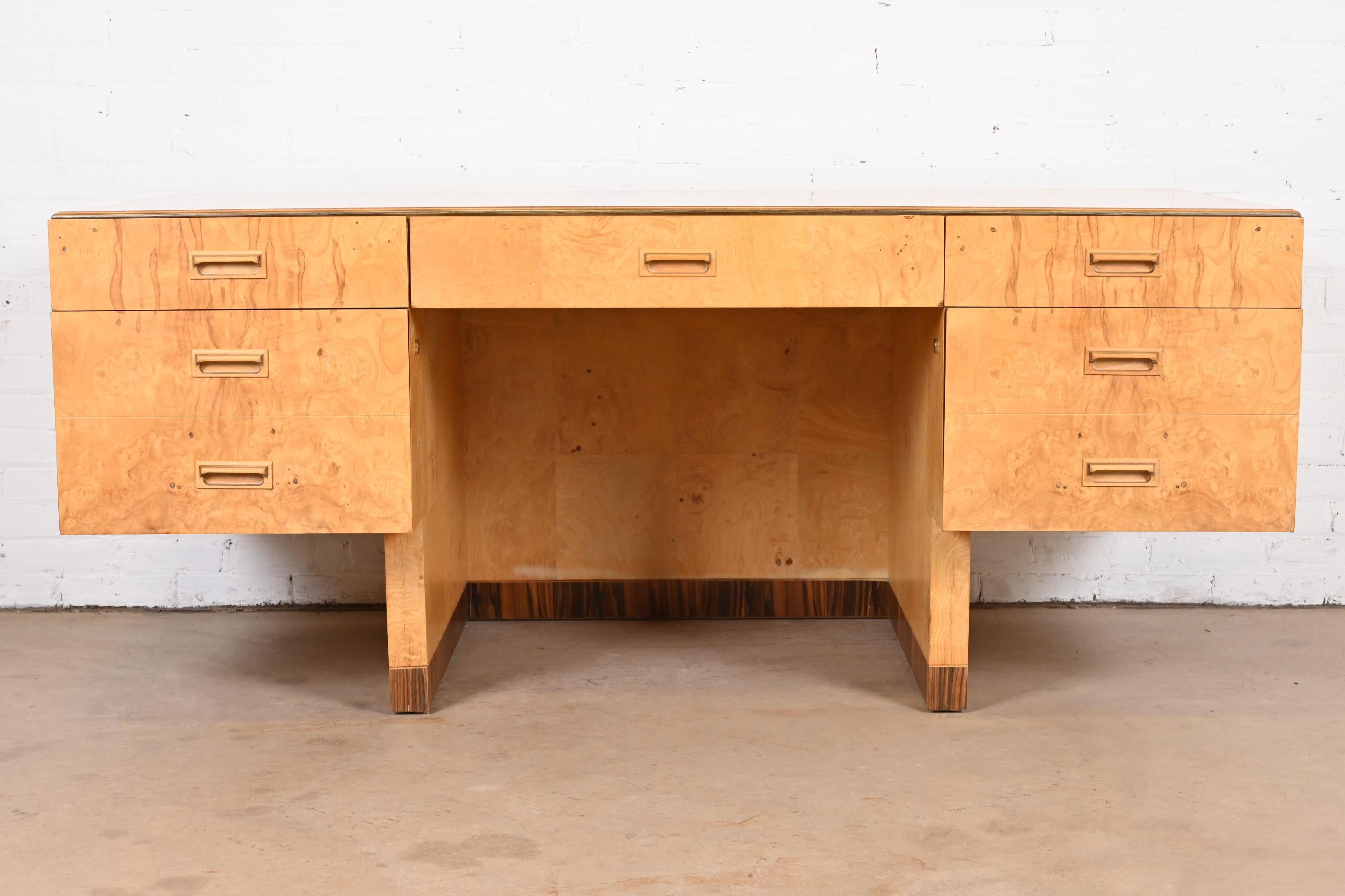 Mid-Century Modern Milo Baughman Style Burl Wood and Macassar Ebony Executive Desk by Henredon For Sale