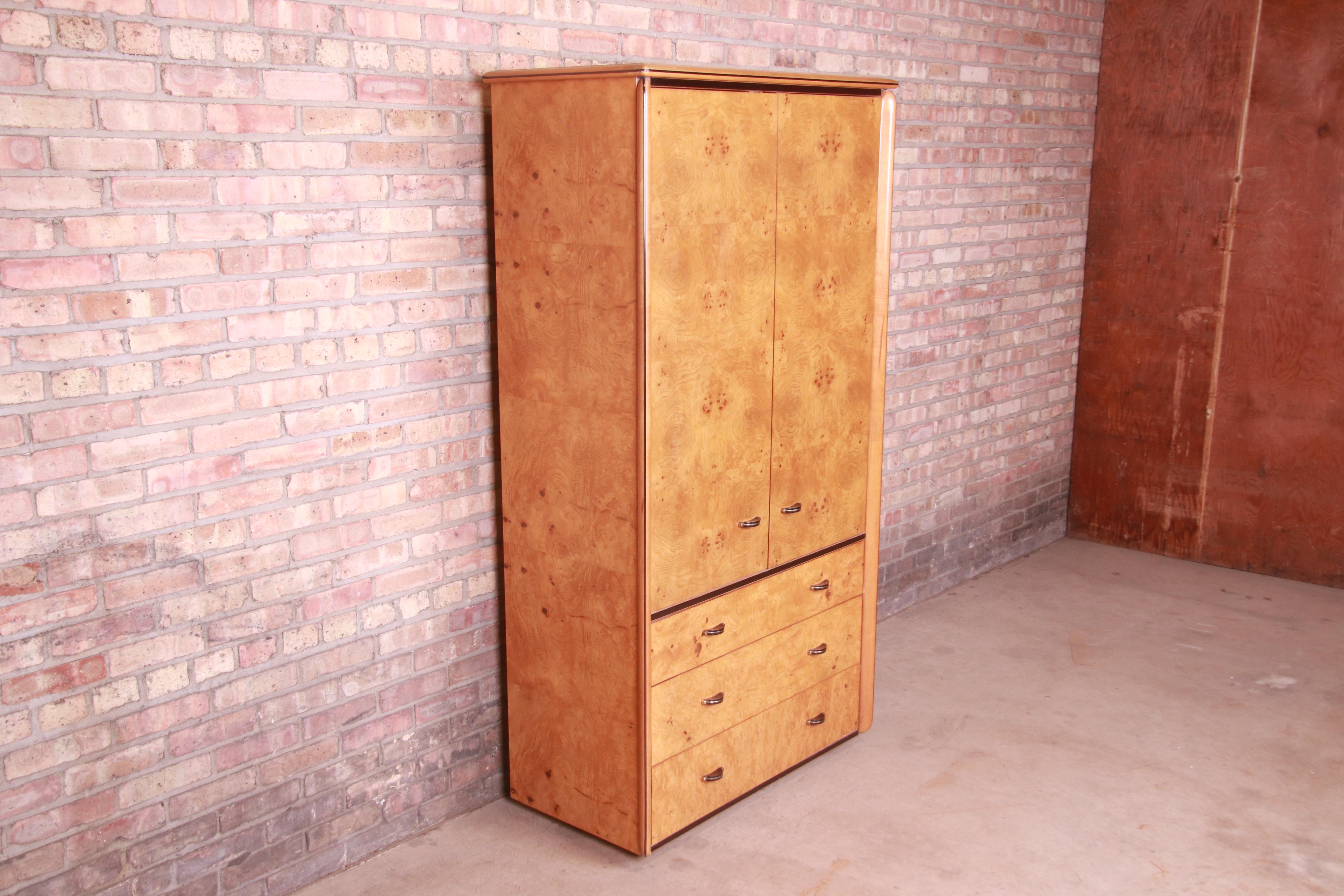 American Milo Baughman Style Burl Wood Armoire Dresser by Lane, 1970s