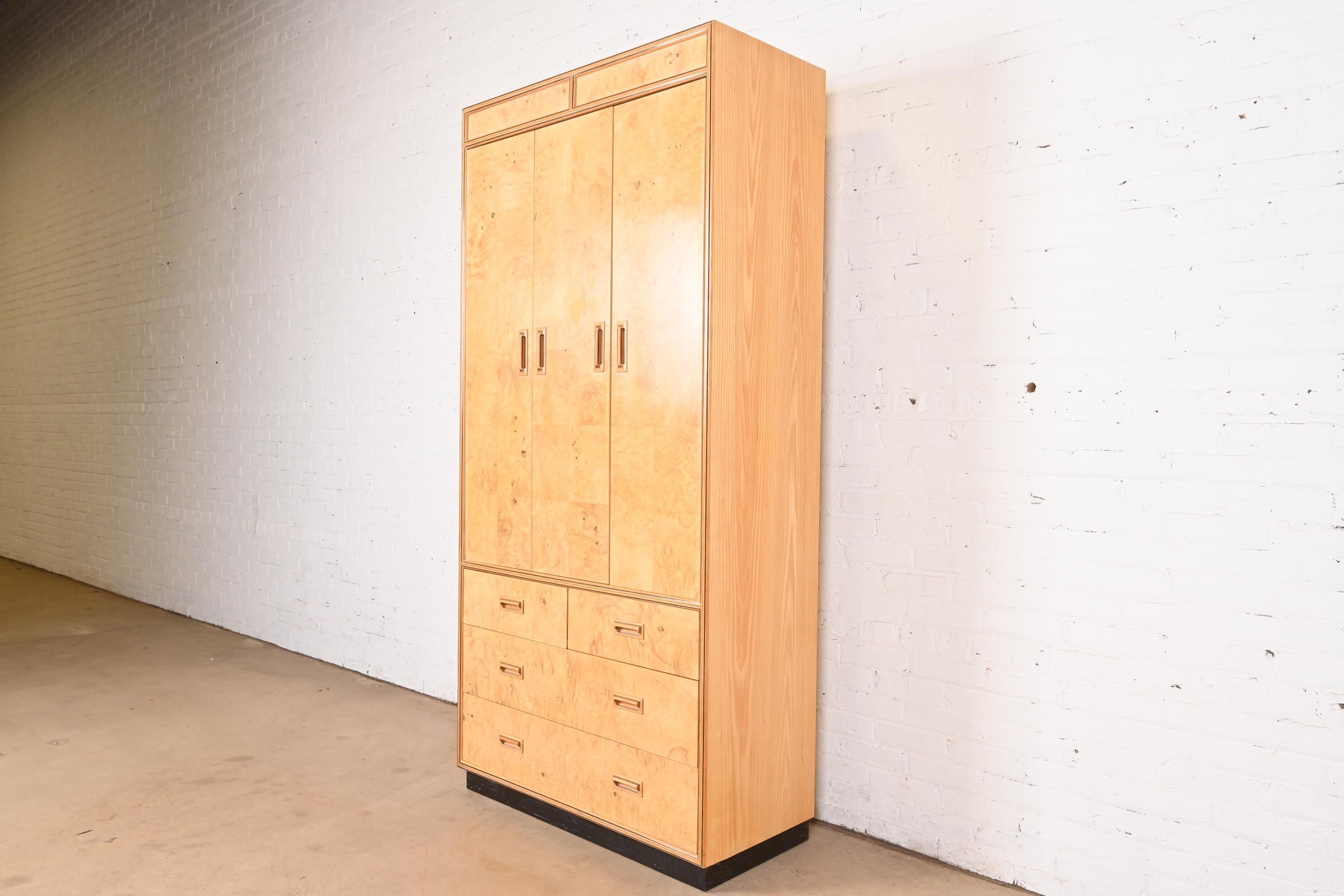 American Milo Baughman Style Burl Wood Armoire Dresser or Cabinet by Henredon