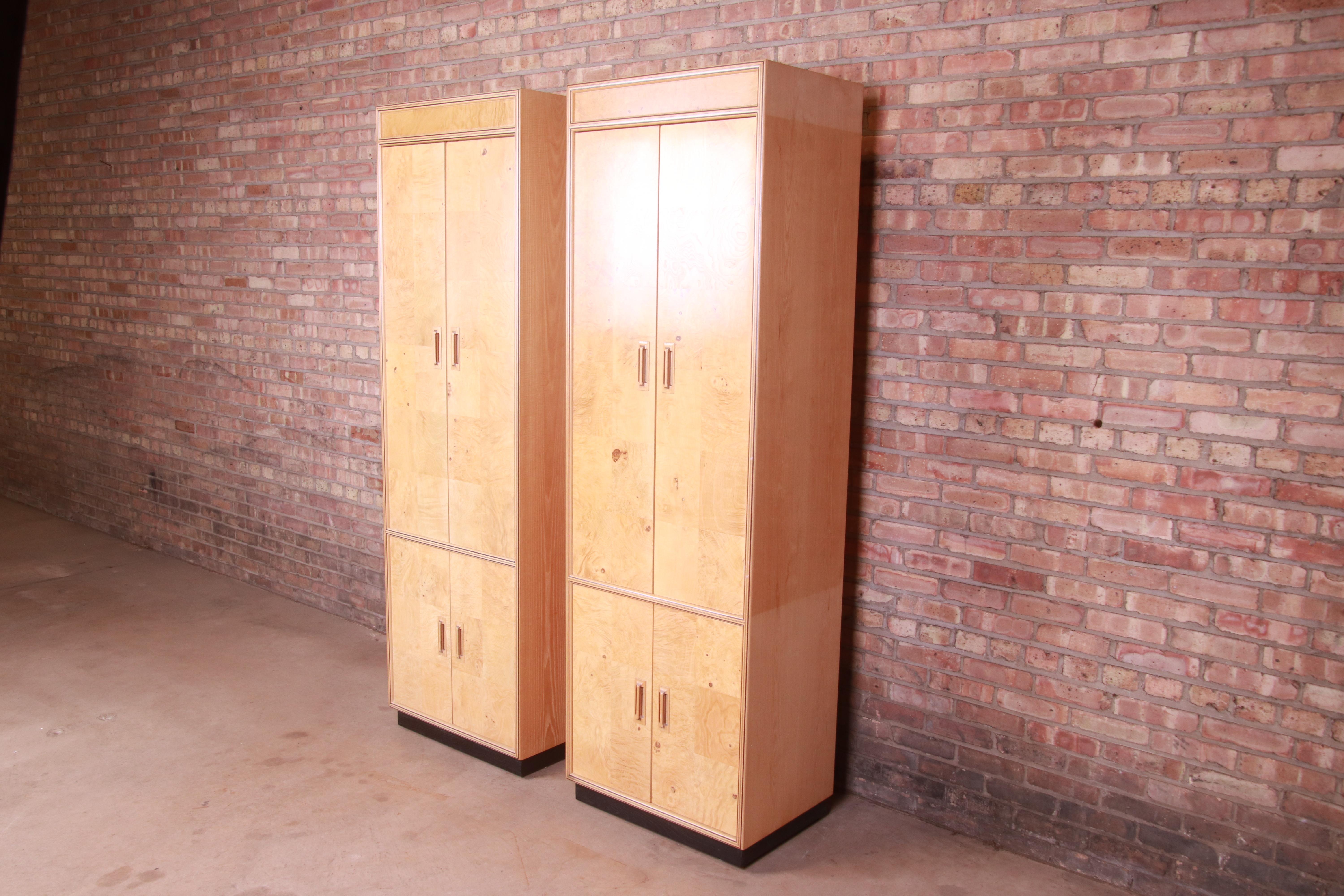 Mid-Century Modern Milo Baughman Style Burl Wood Armoire Dressers by Henredon, Pair