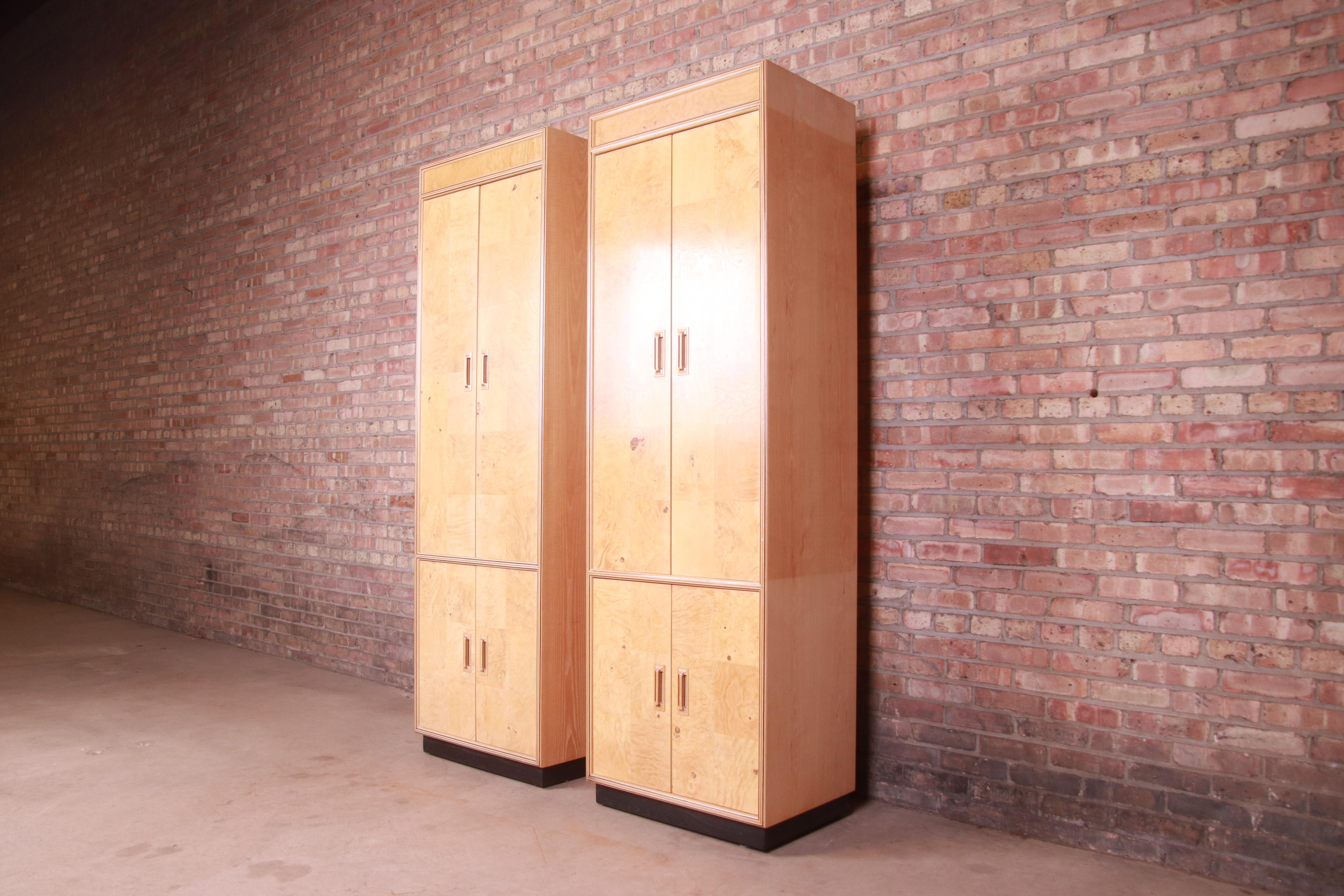 American Milo Baughman Style Burl Wood Armoire Dressers by Henredon, Pair