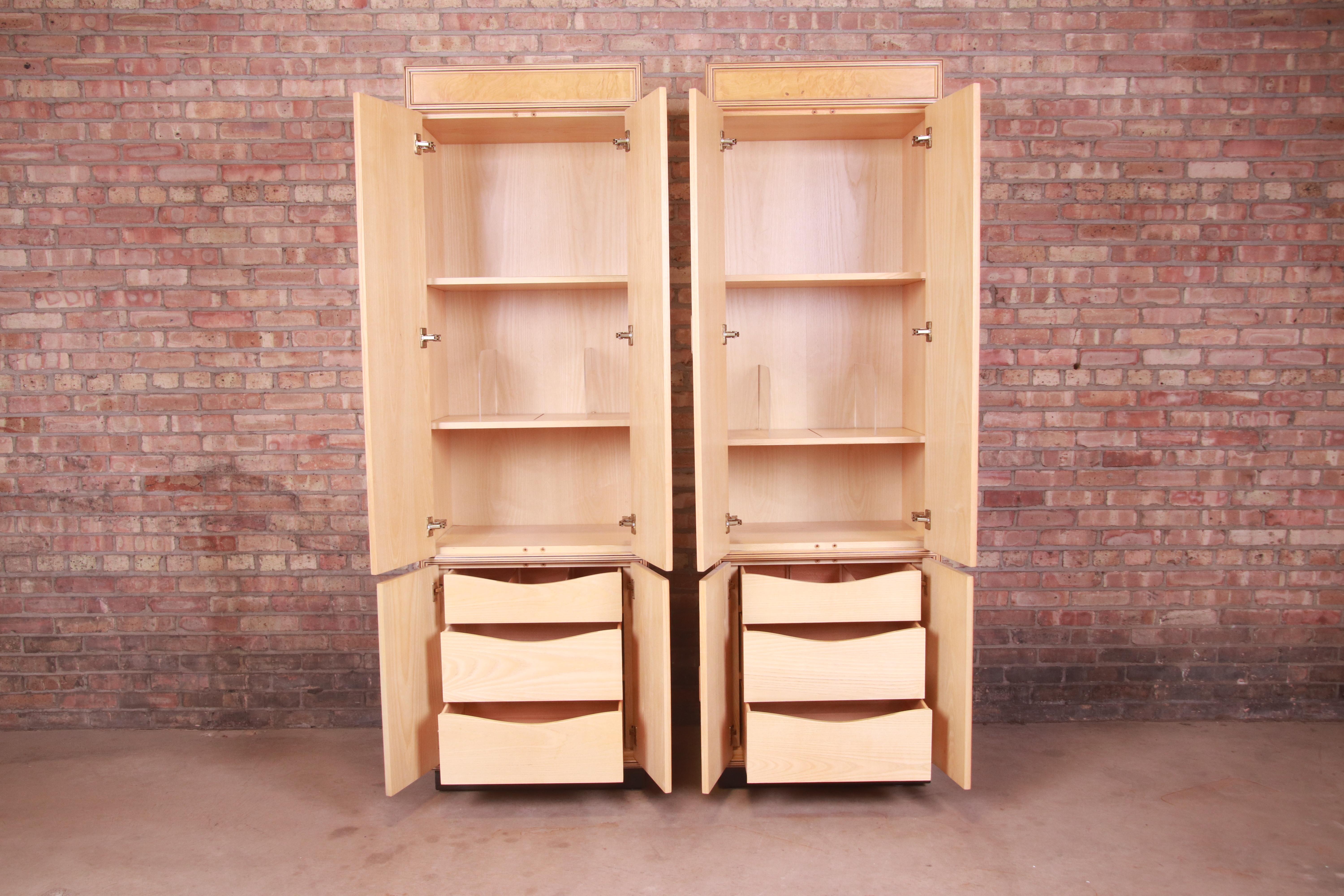 Ash Milo Baughman Style Burl Wood Armoire Dressers by Henredon, Pair