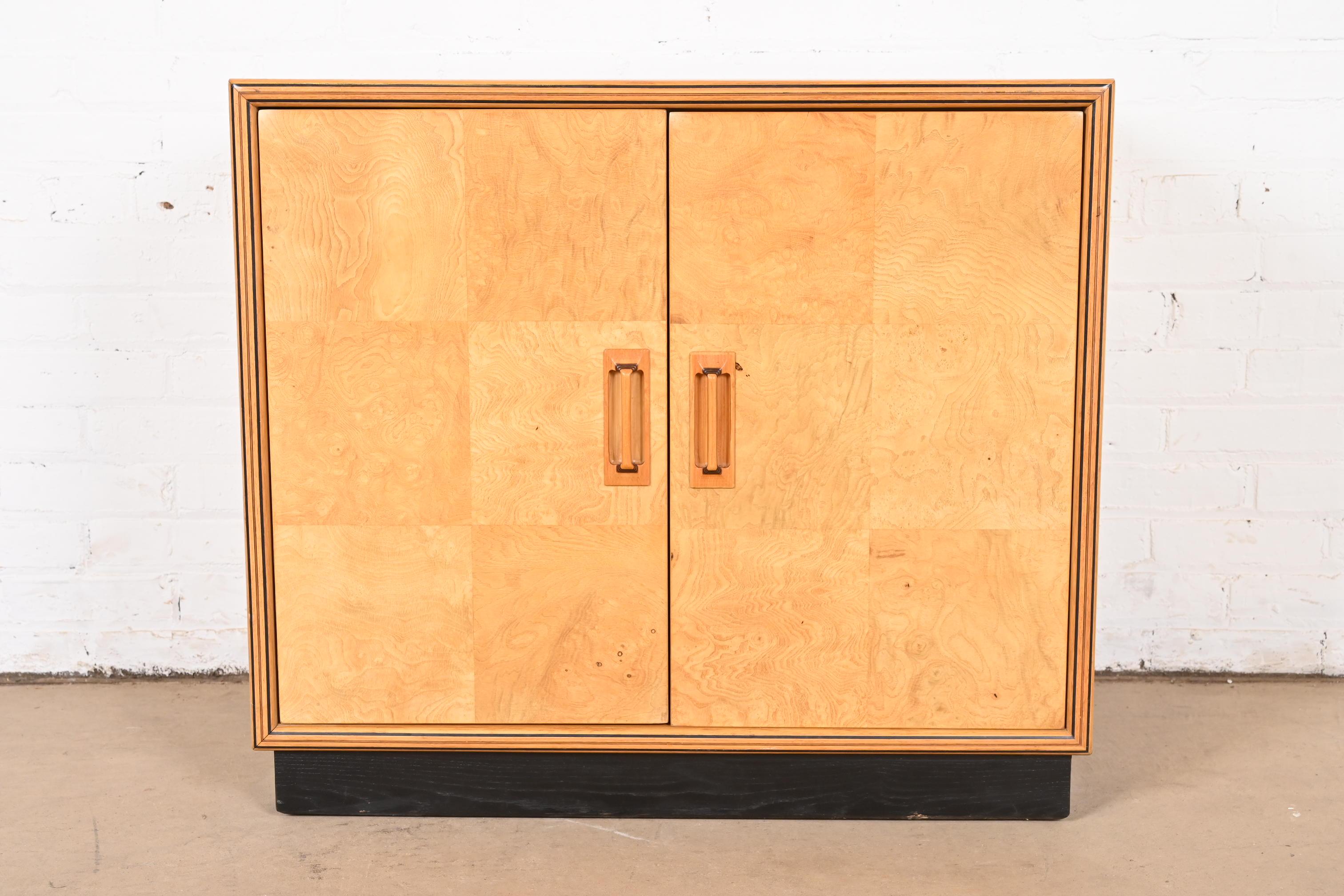 Modern Milo Baughman Style Burl Wood Bar Cabinet by Henredon For Sale