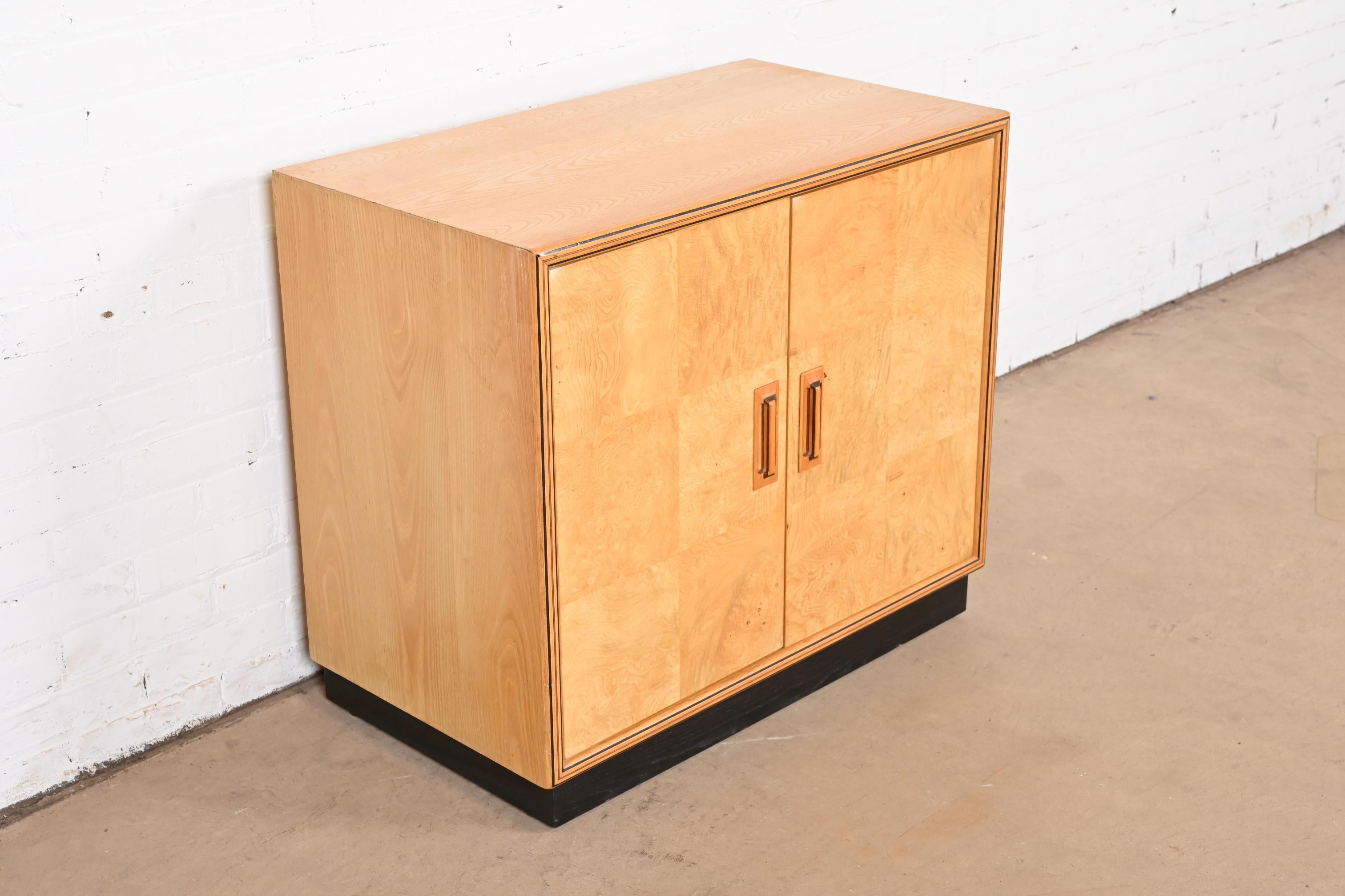 Ash Milo Baughman Style Burl Wood Bar Cabinet by Henredon For Sale