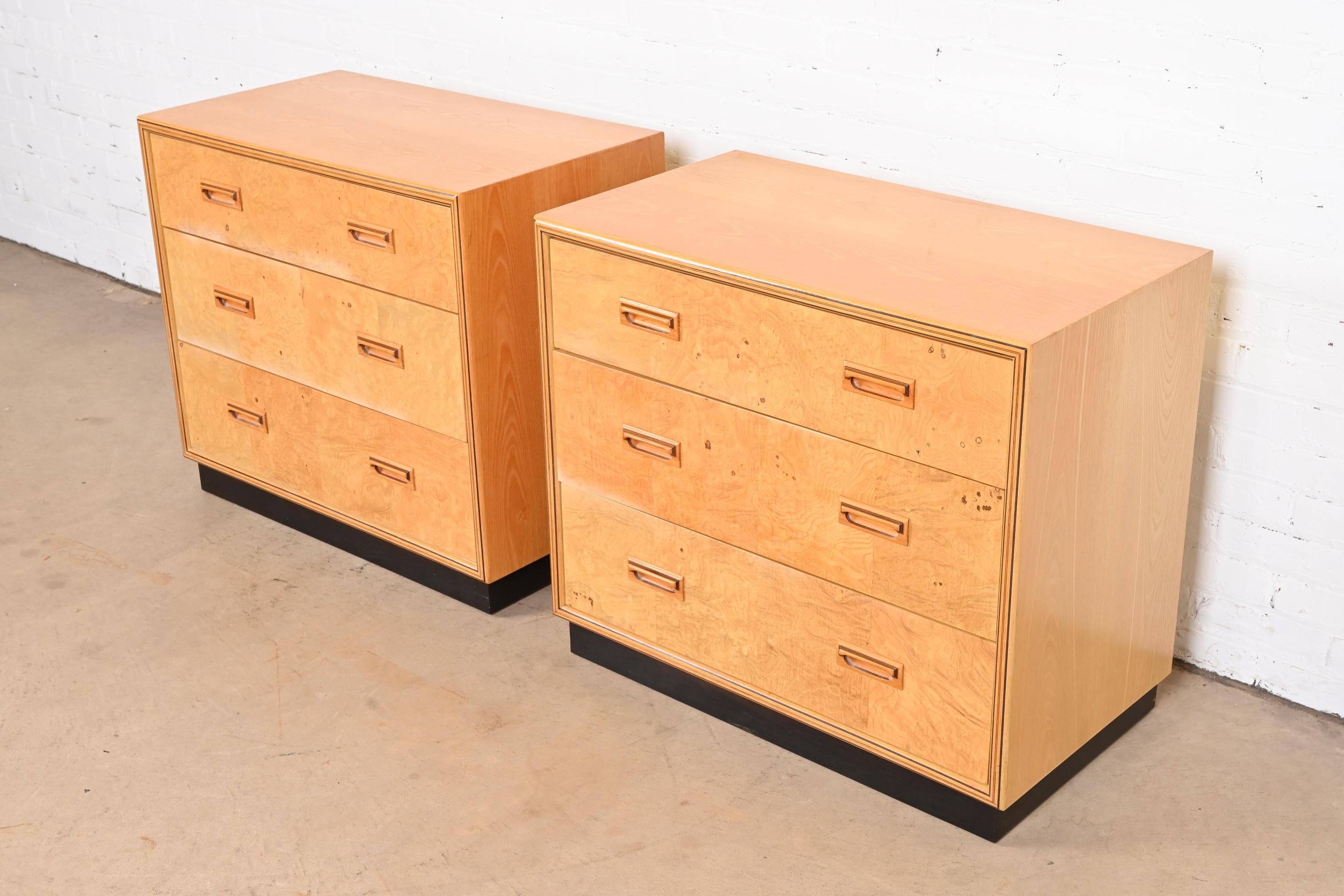 American Milo Baughman Style Burl Wood Bedside Chests by Henredon, Pair For Sale