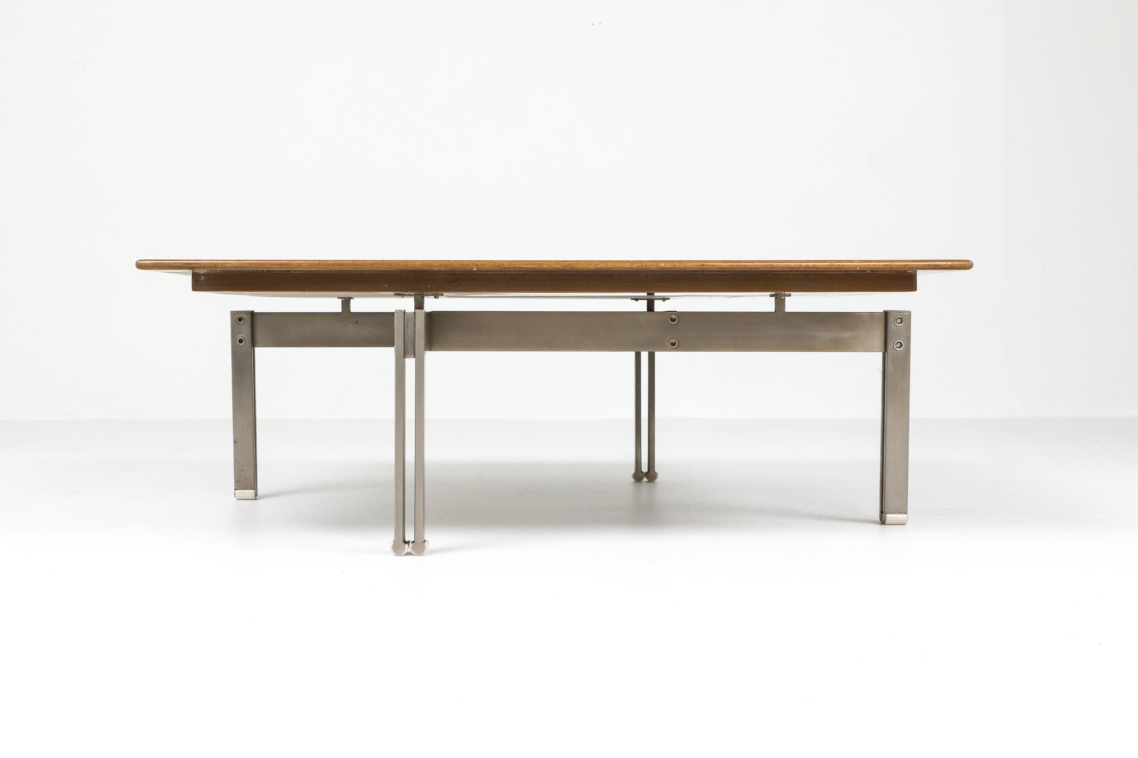 Mid-Century Modern Milo Baughman Style Burl Wood Coffee Table with Steel Base